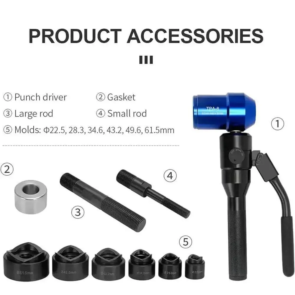 Heavy Duty Hydraulic Knockout Hole Punch Kit For Electrical Conduit 1/2 To 2 Inch, 22.5-61.5 Mm, Six Die Hole Cutter Set, Metal Sheet Puncher, KO Tool Kit, A Real Workhorse, Portable And Lightweight Blue - Image 3