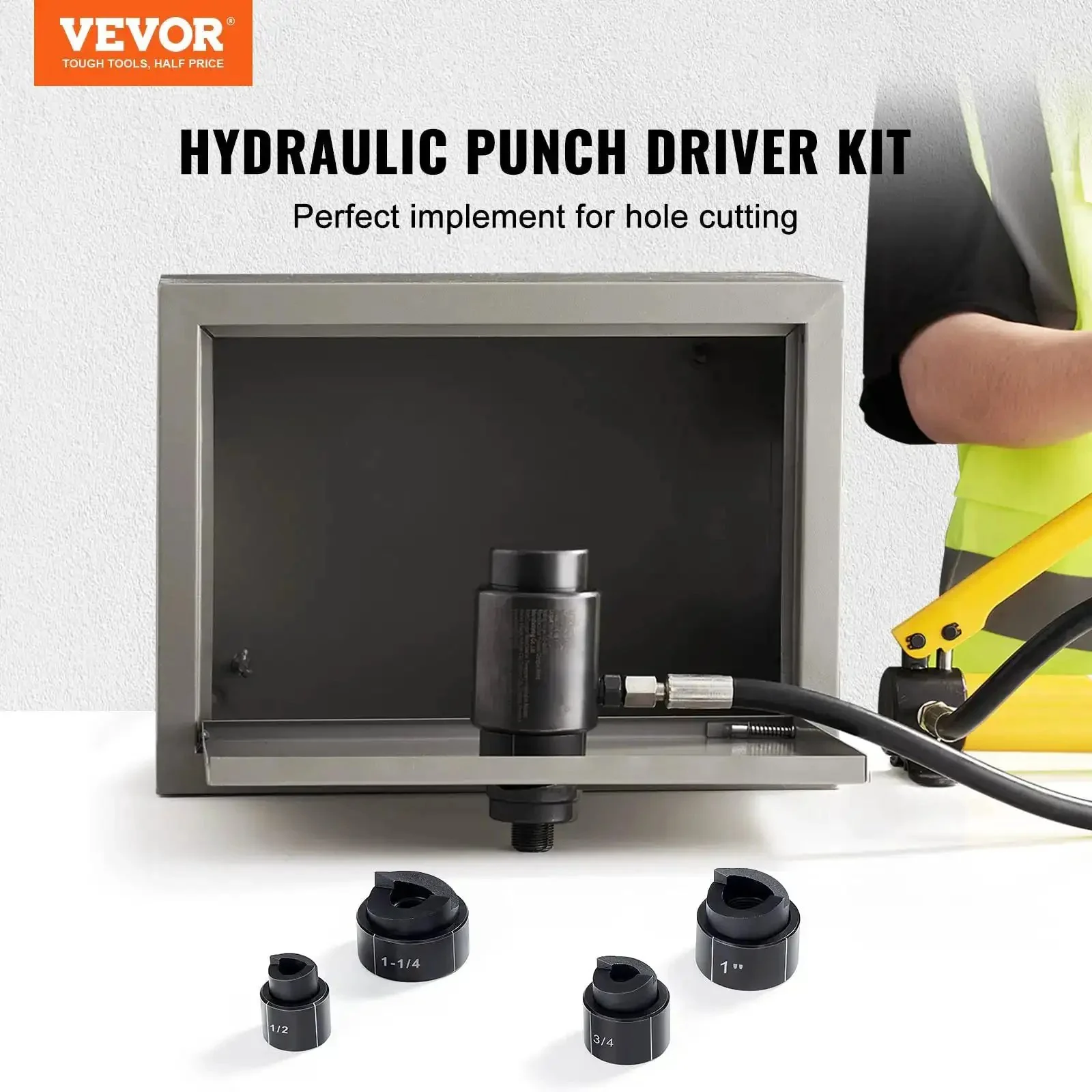 Heavy Duty Hydraulic Knockout Punch Kit 4 Piece Set For 1/2, 3/4, 1 And 1-1/4 Inch Conduit Holes Pro Grade KO Tool For Aluminum, Brass, Stainless Steel, Fiberglass And Plastic Easy Ratchet Or Electric Driver Use - Image 9