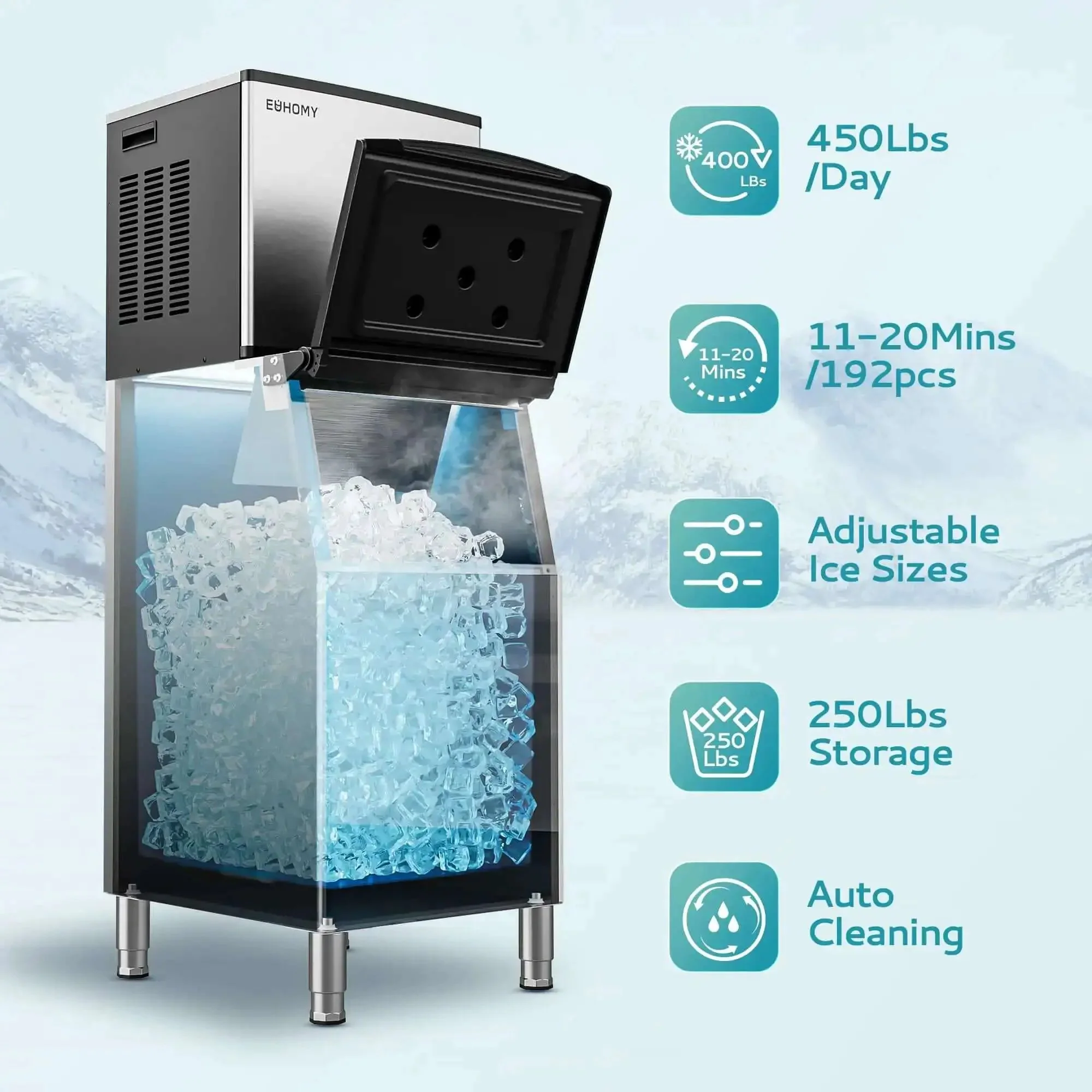 Heavy-Duty Industrial Ice Maker Machine With 450 Lbs Per 24 Hours Output And 250 Lbs Storage Bin ETL Certified Stainless Steel Clear Ice Maker For Bar Cafe Restaurant - Image 7