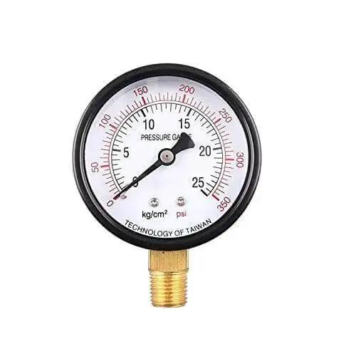 Heavy Duty Industrial Pressure Gauge With Black Steel Case And Brass Internals, Dual Scale Psi And KPa, 0 To 350 Psi And 0 To 25 Kg Per Cm2, Two And A Half Inch Dial, Bottom Mount, Quarter Inch NPT, Built Tough For Non Corrosive Liquids And Gases