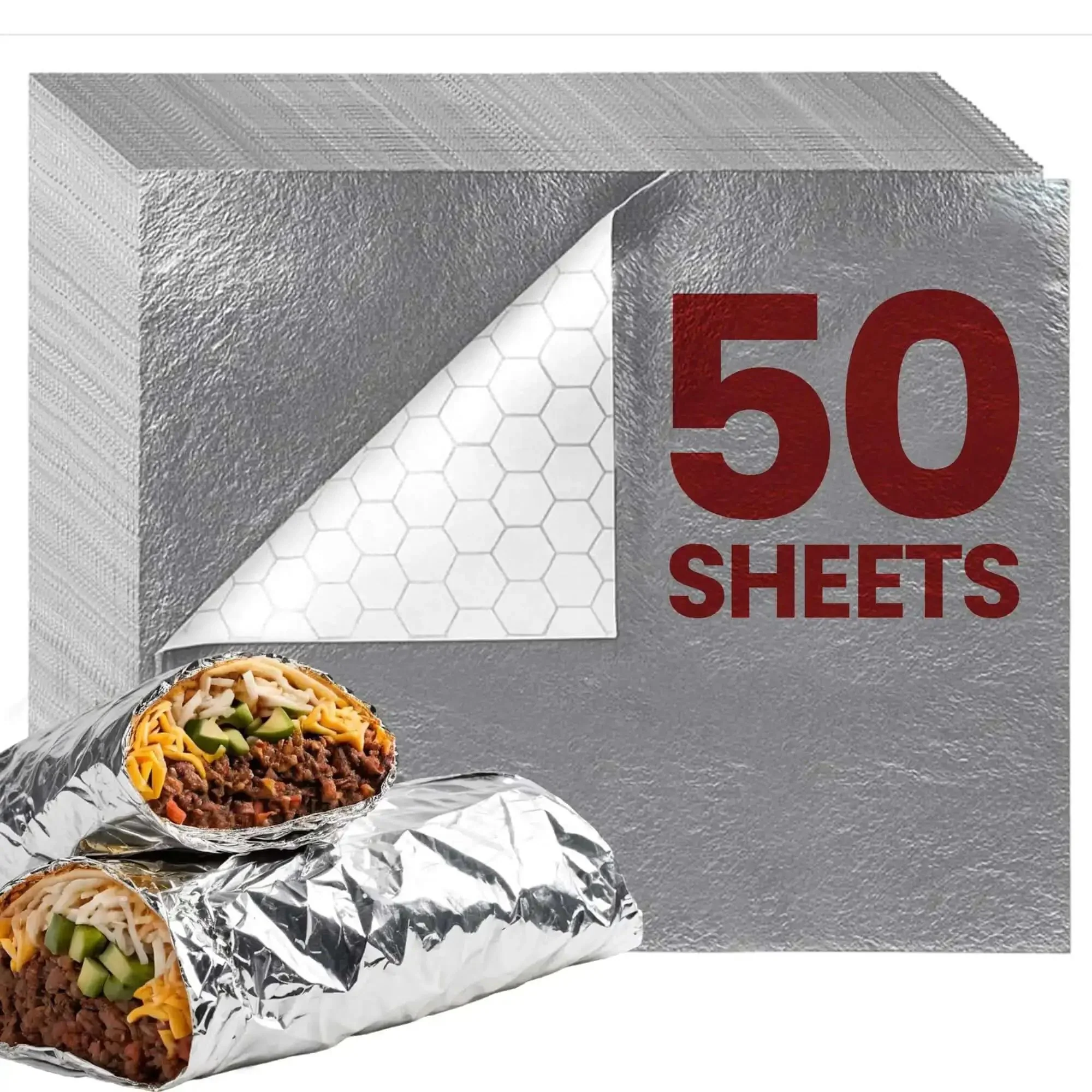 Heavy Duty Insulated Aluminum Foil Sheets Keep Food Hot Or Cold For Hours 50 Pack 14 Inch By 10.3 Inch Disposable Wraps For Sandwiches Burgers Burritos BBQ Takeout Food Trucks Deli Catering And More