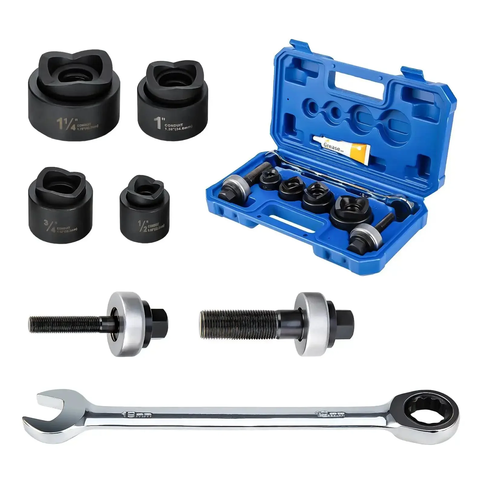 Heavy Duty Knockout Hole Punch Kit For Electrical Conduit 1/2 Inch 3/4 Inch 1 Inch 1-1/4 Inch With Wrench Manual Hydraulic Battery Or Ratchet Drive Not For Stainless Steel Up To 10 Gauge Mild Steel