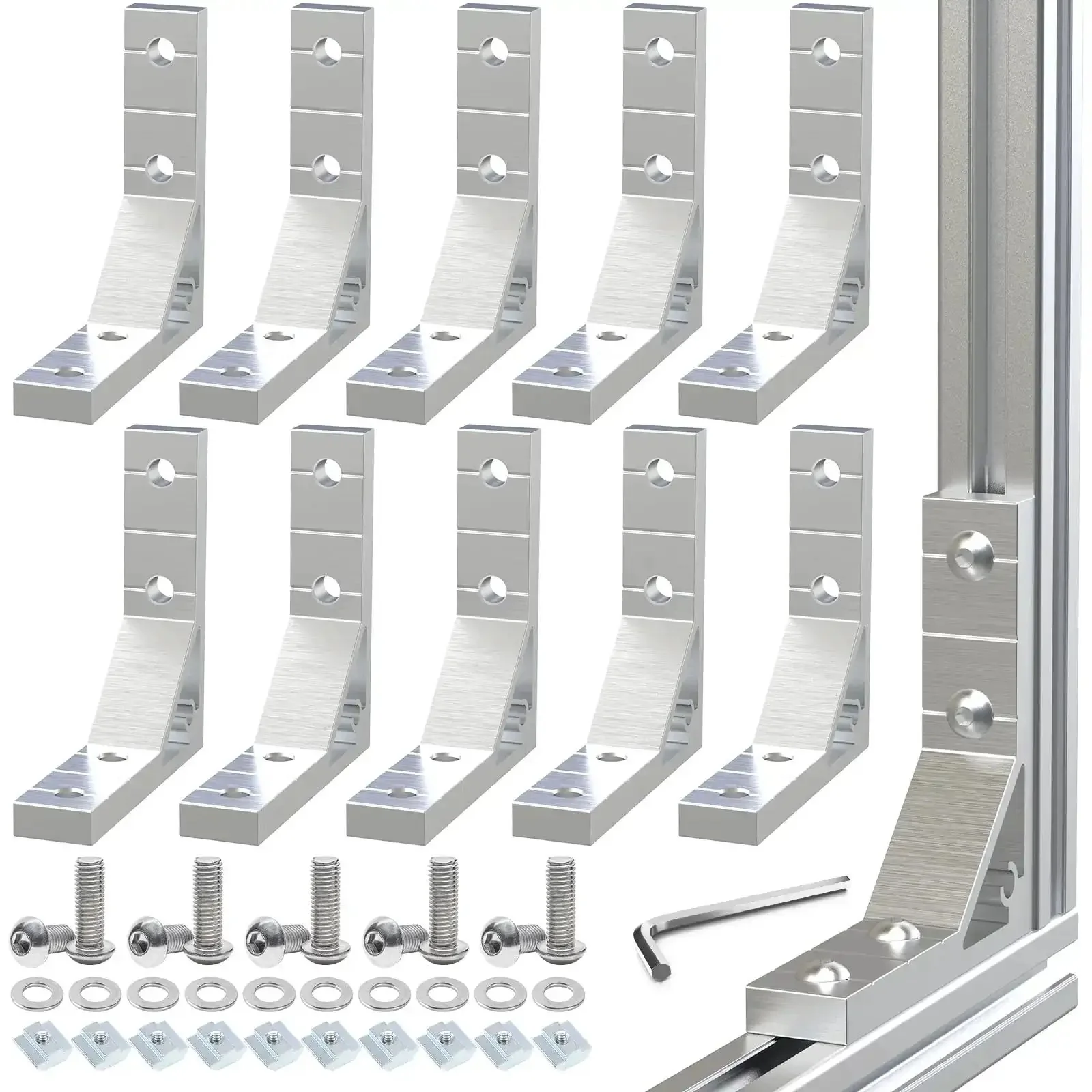 Heavy Duty L Shape Corner Brackets Kit For Aluminum Extrusion Frames, 10 Sets With 40 M5 T Slot Nuts, 40 Screws, 40 Gaskets And 1 Wrench, Zinc Alloy Construction, Rust Proof Silver
