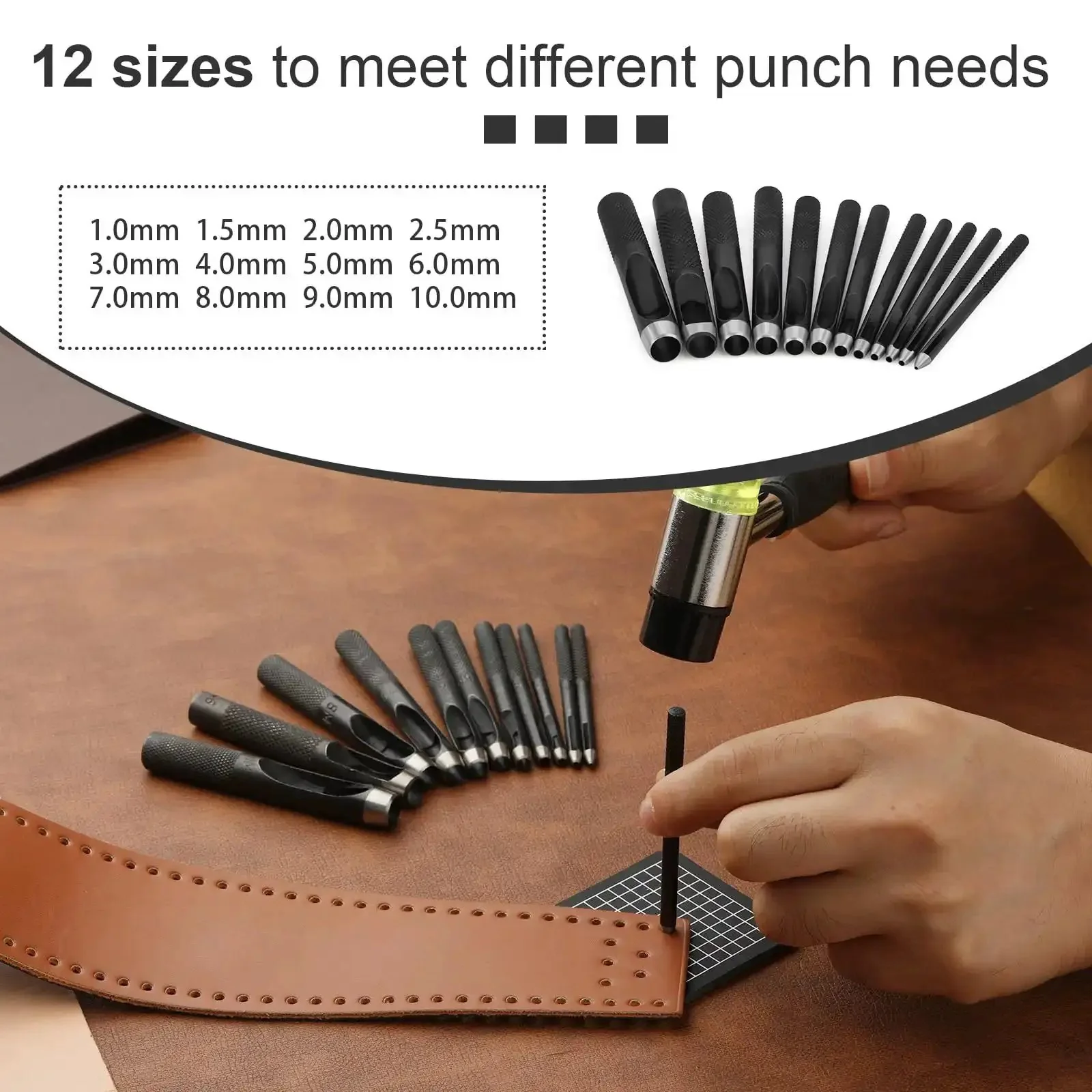 Heavy Duty Leather Hole Punch Set 1.0 To 10mm Hollow Punches With Non Slip Knurled Steel Build Includes Cutting Mat And Double Ended Hammer For Watch Bands Belts Wristbands DIY Crafting - Image 5