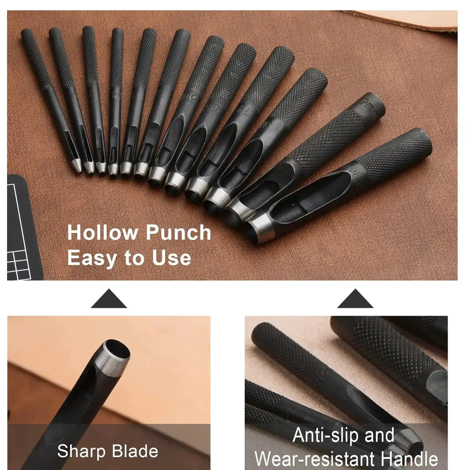 Heavy Duty Leather Hole Punch Set 1.0 To 10mm Hollow Punches With Non Slip Knurled Steel Build Includes Cutting Mat And Double Ended Hammer For Watch Bands Belts Wristbands DIY Crafting - Image 6