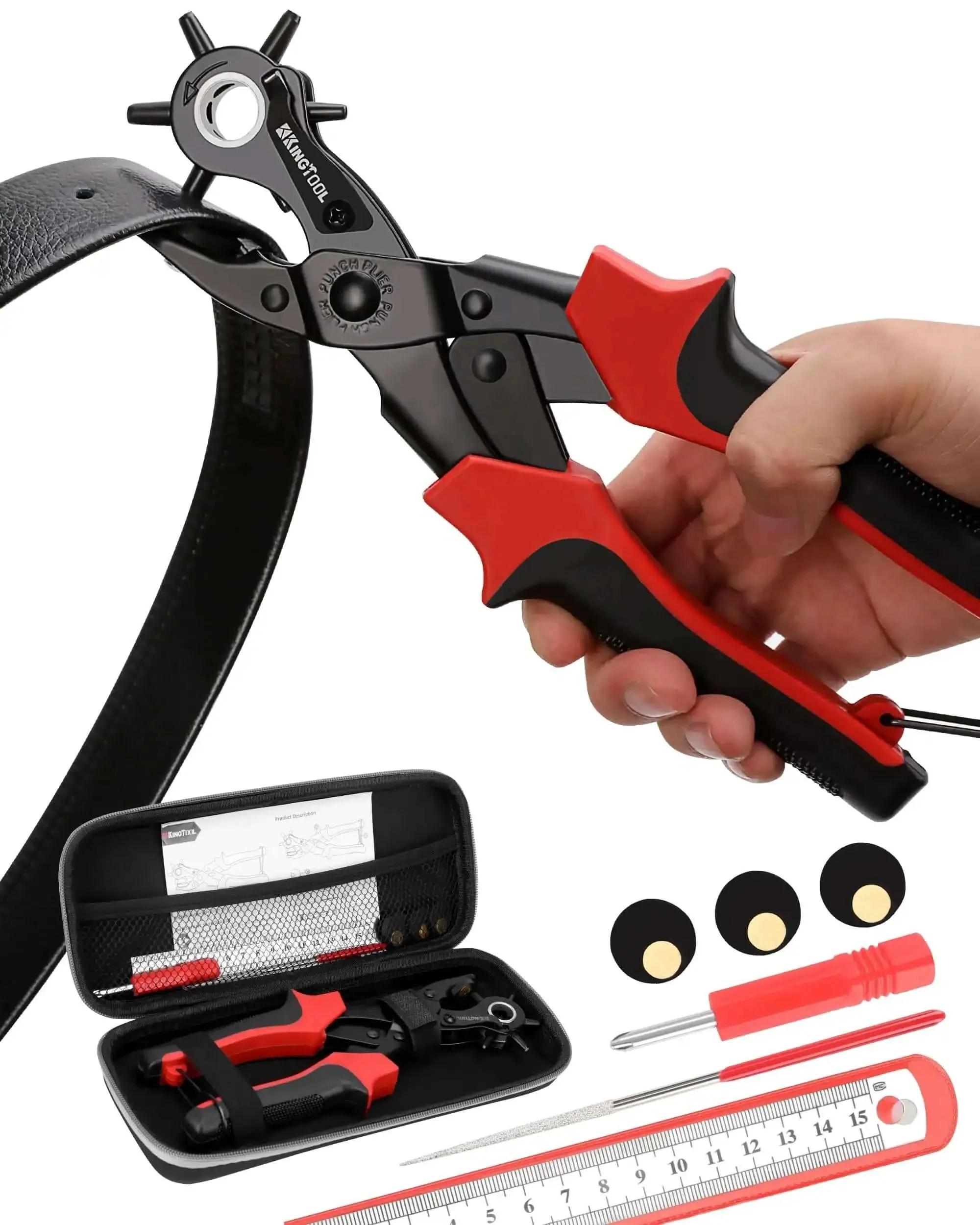 Heavy Duty Leather Hole Punch Set With Rotary Puncher Multi Size Belt Hole Maker Kit Includes Spare Plates And Storage Case Fast Easy Belt Repair For Reusing Belts