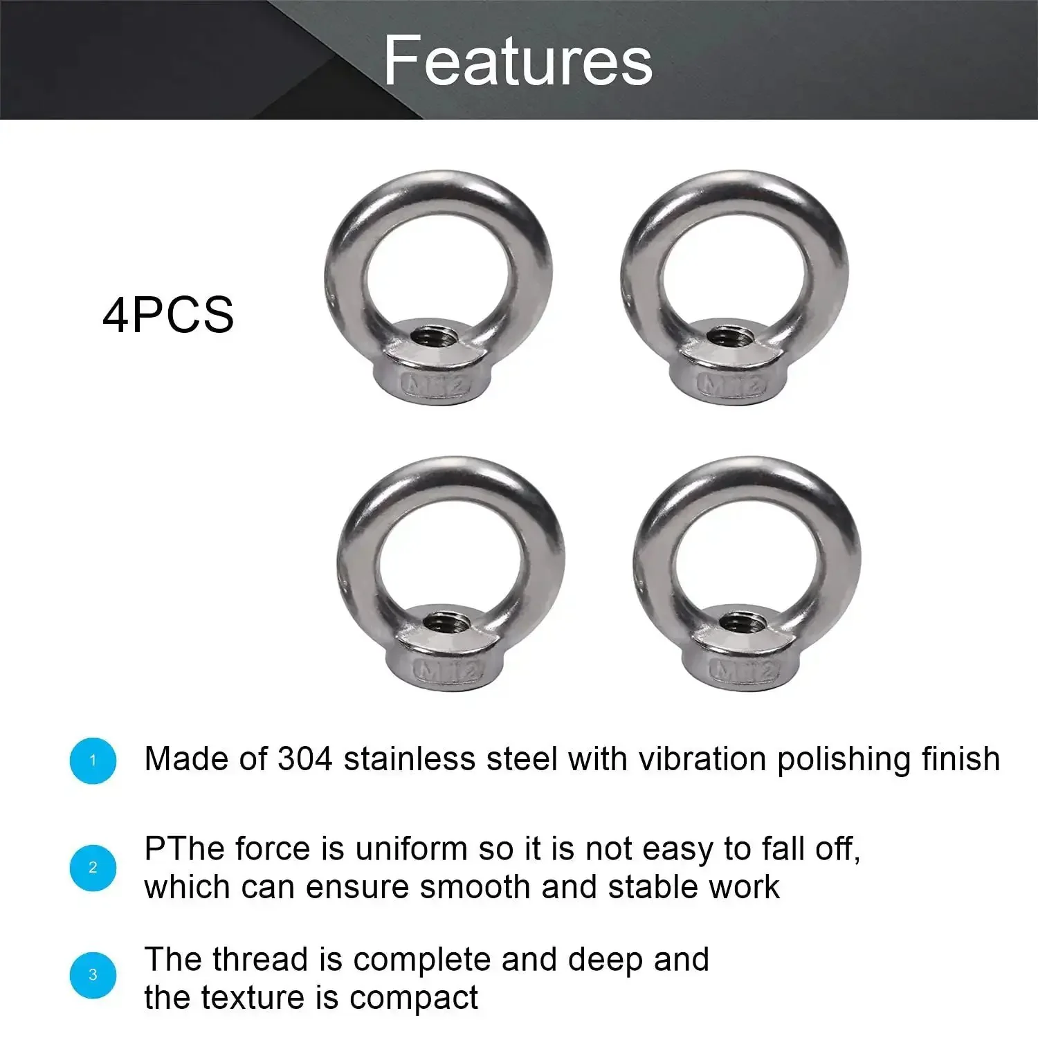 Heavy Duty Lifting Eye Nuts Kit M12 Stainless Steel 304 Ring Shape Fasteners 4 Pack Female Threaded Eye Nut For Rope Fittings Round Silver Ring With 1.18 Inch Inner Diameter Rustproof And Durable - Image 5