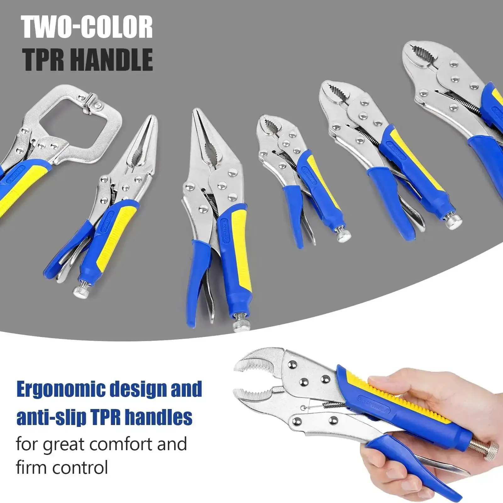 Heavy-Duty Locking Pliers Set With Curved Jaw Vise Grips And Needle Nose Pliers, Includes 5, 7, And 10 Inch Curved Jaws Plus 6-1/2 And 9-1/2 Inch Needle Nose, And A 6 Inch C Clamp For Woodworking, Metalworking And Welding, Tough Carbon Steel - Image 4