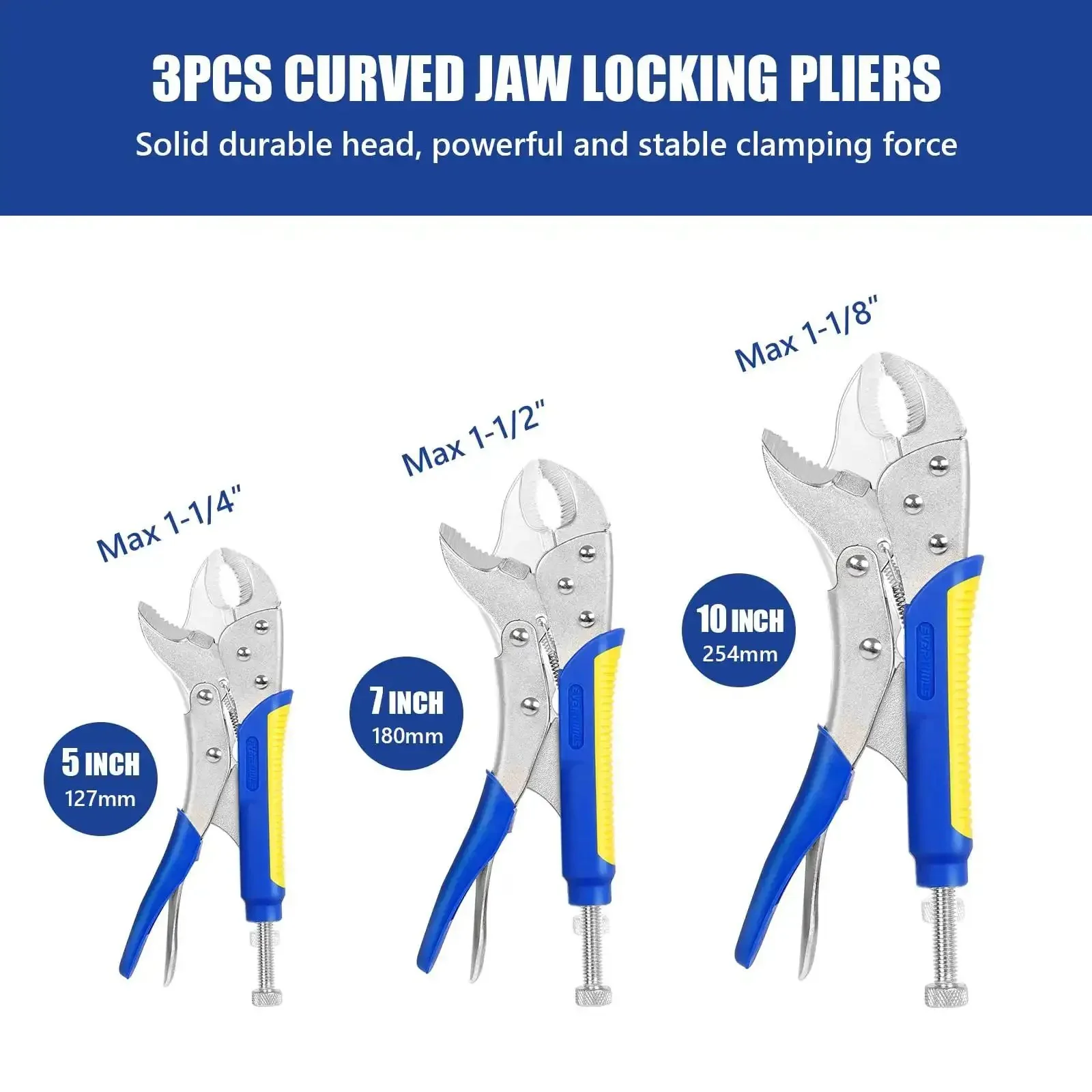 Heavy-Duty Locking Pliers Set With Curved Jaw Vise Grips And Needle Nose Pliers, Includes 5, 7, And 10 Inch Curved Jaws Plus 6-1/2 And 9-1/2 Inch Needle Nose, And A 6 Inch C Clamp For Woodworking, Metalworking And Welding, Tough Carbon Steel - Image 7