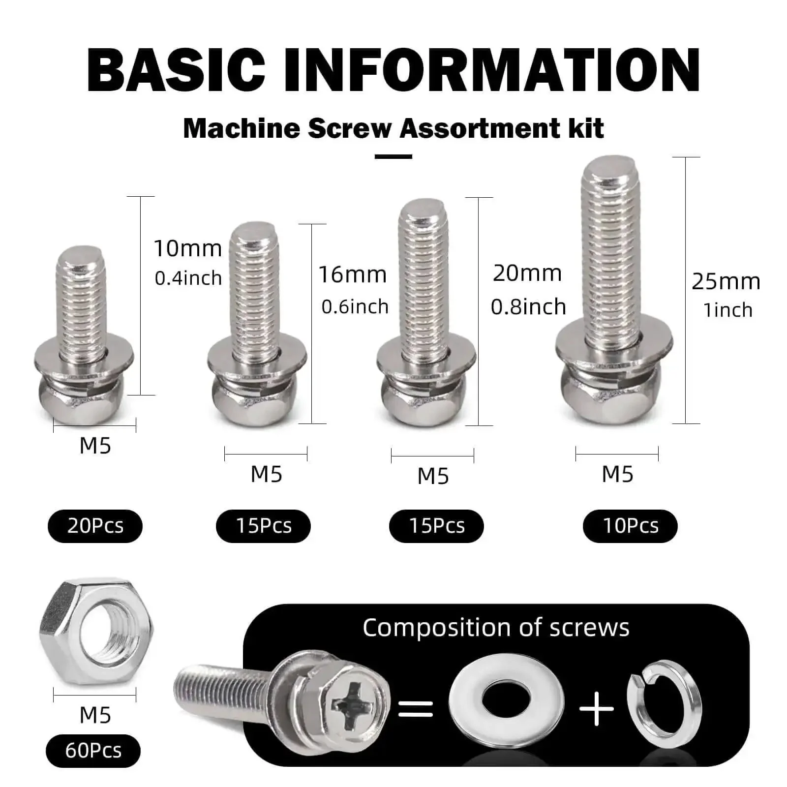 Heavy Duty M5 Screws And Nuts Set 260 Piece Stainless Steel Kit With Washers Hex Head Bolts And Nuts In 10mm 16mm 20mm 25mm Sizes For Your DIY Home Garage And Workshop Projects - Image 8