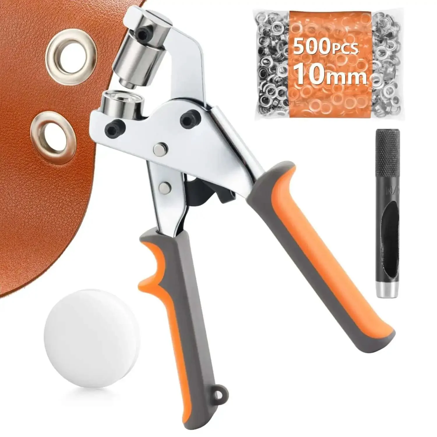 Heavy Duty Manual Grommet Press Kit With 500 Metal Eyelets For Fabric Tarps Banners And Curtains Easy Grip Comfort Handle Reduces Hand Strain And Lets You Install Three Eighth Inch Eyelets Fast And Clean
