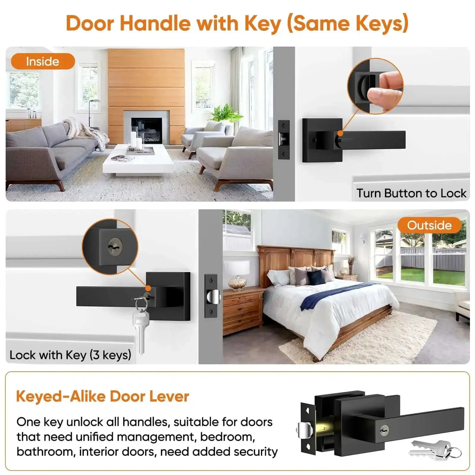 Heavy Duty Matte Black Interior Door Handles Kit 5 Pack Reversible Lever Knobs With Keyed Alike Locks For Bedroom Easy DIY Install No Pro Needed Modern Replace Old Door Knobs Durable Lock Sets - Image 8