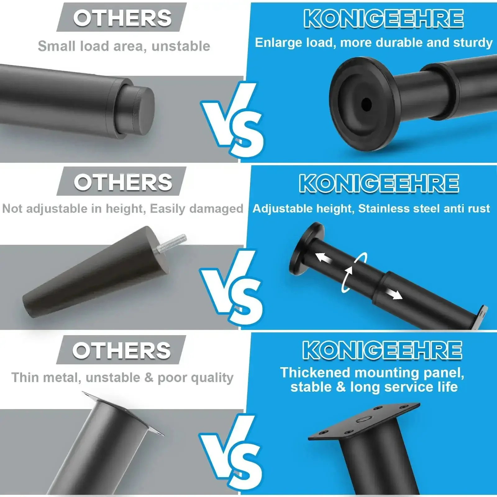 Heavy Duty Metal Adjustable Furniture Legs Set Of 4, 4.7 To 7 Inch, Replacement Legs For Couch Bed Desk Table Chair Sofa Dresser, Black Finish, Wide Base For Maximum Stability And No Wobble - Image 6