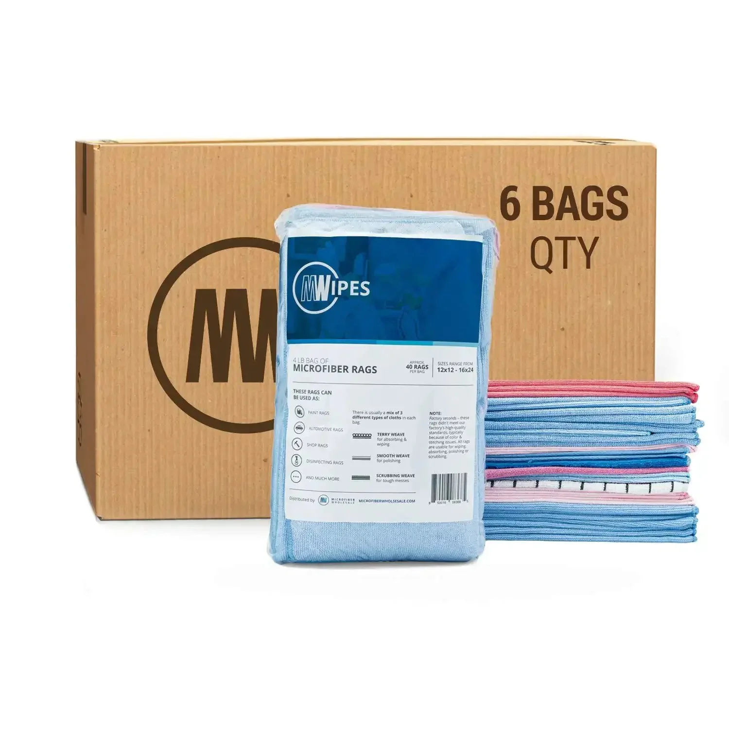 Heavy Duty Microfiber Shop Rags Bundle Six Bags With Do It All Variety Pack Featuring Three Rag Types for Cleaning Drying and Scrubbing in 12x12 16x16 and 16x24 Sizes Approximately 40 Rags Per Pack and 4 Lbs Each
