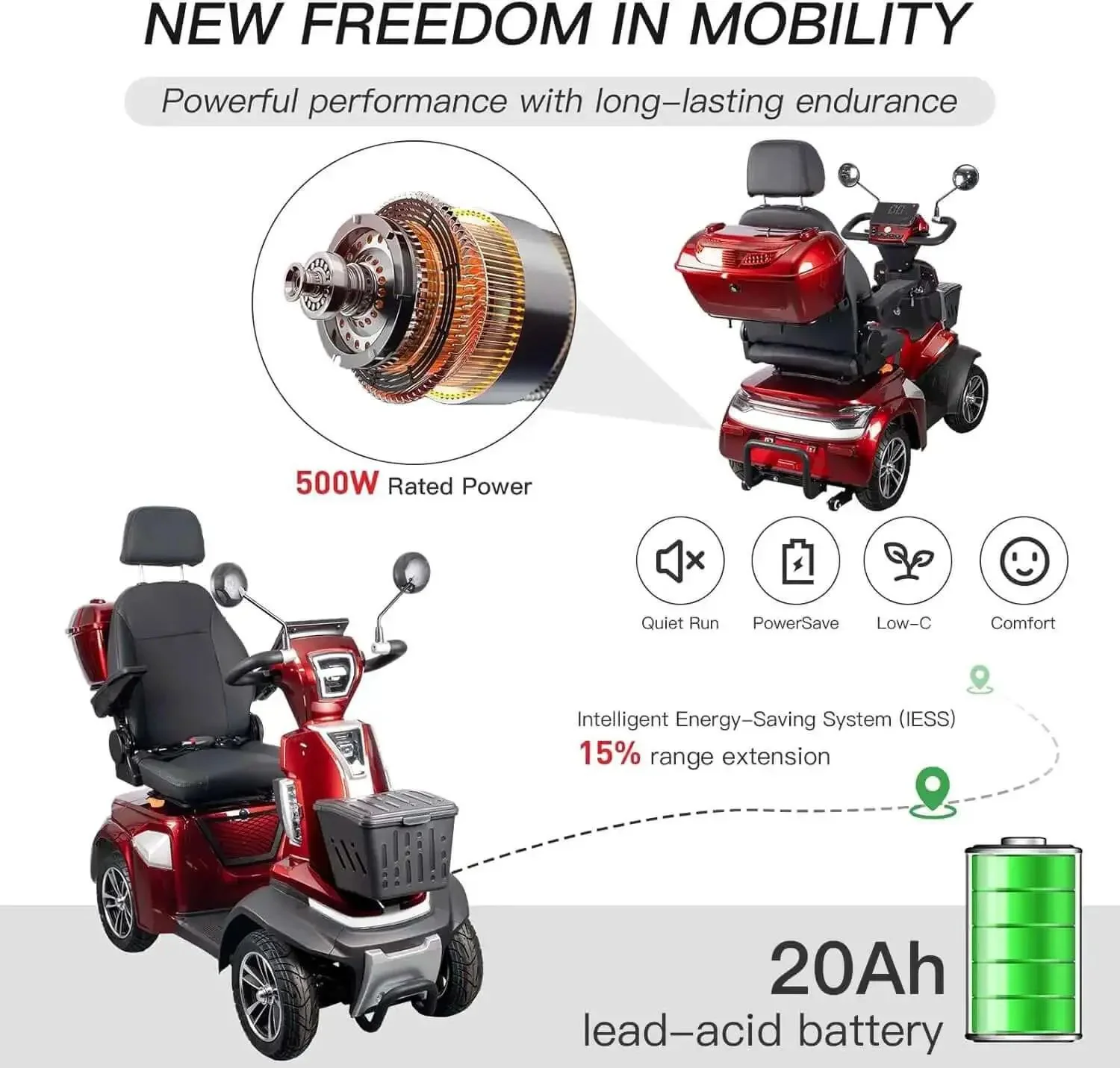 Heavy Duty Mobility Scooter For Seniors With 450 Lb Capacity, 500W Motor, 12 MPH Top Speed, 25 To 37 Mile Range, USB Charging Port, Remote Lock Storage Basket, Electromagnetic Brake For Outdoor Errands - Image 6