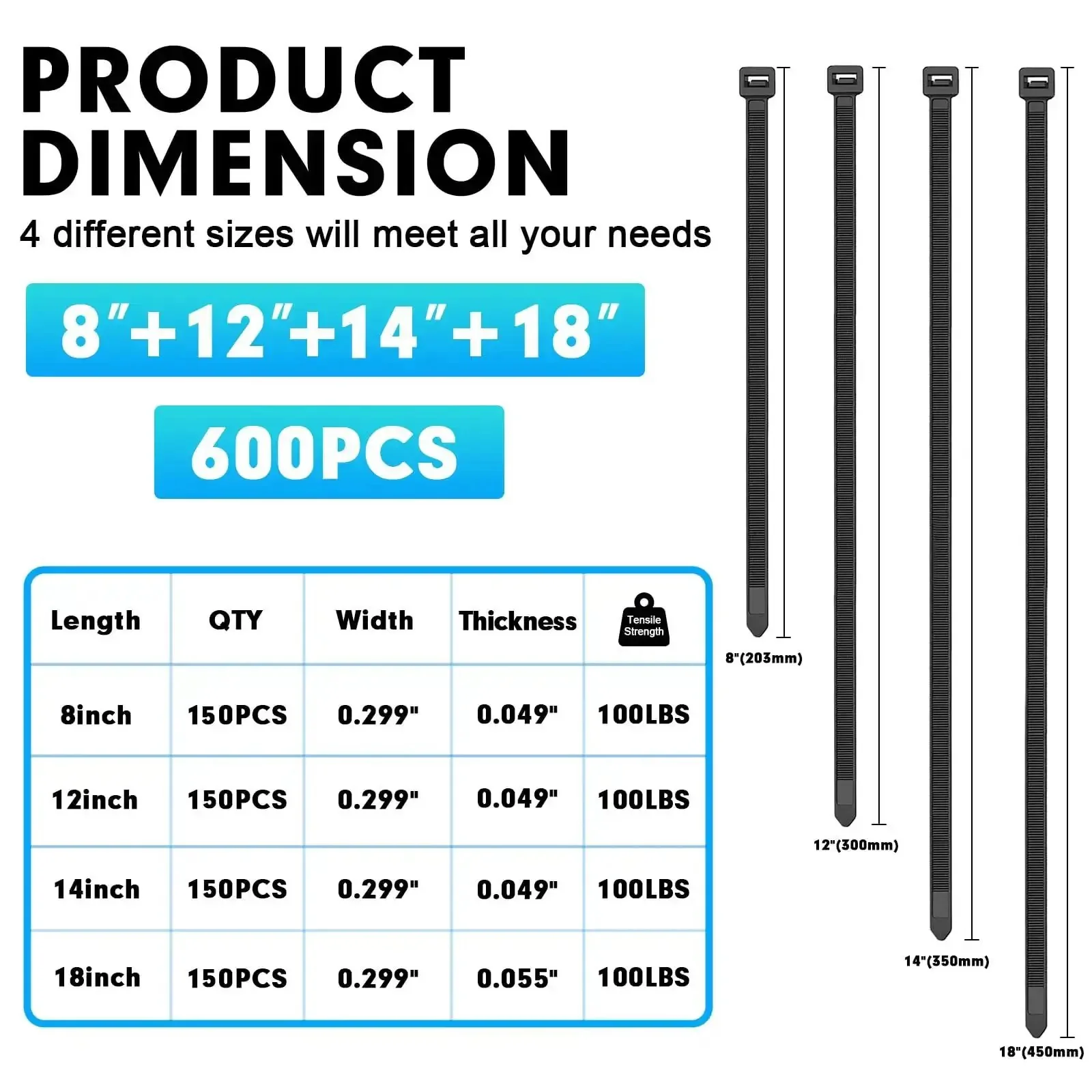Heavy Duty Nylon Zip Ties 600 Pack Assorted Sizes 8 Inch 12 Inch 14 Inch 18 Inch With 100Lb Tensile Strength UV Resistant Weatherproof For Indoor Outdoor Use And Cable Management - Image 8