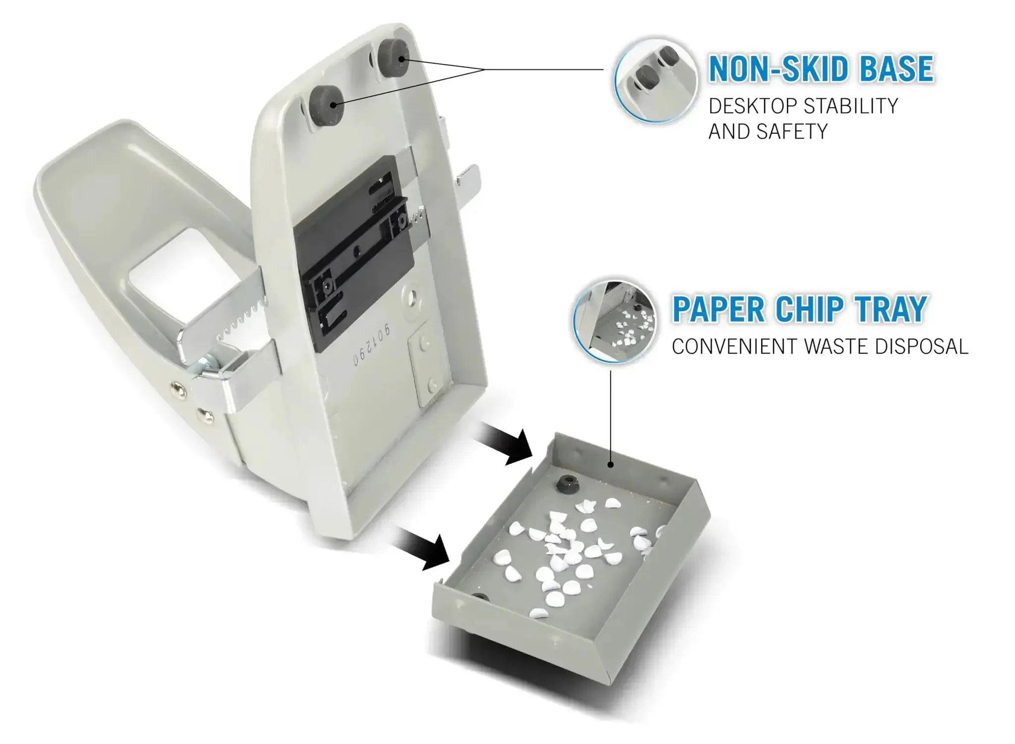 Heavy Duty Office Two Hole Paper Punch, 40 Sheet Capacity, One Quarter Inch Hole Punch, All Steel Hardened Punch Heads, Removable Tray, Dual Self Centering Guides, Silver Metallic, Office Workhorse - Image 3