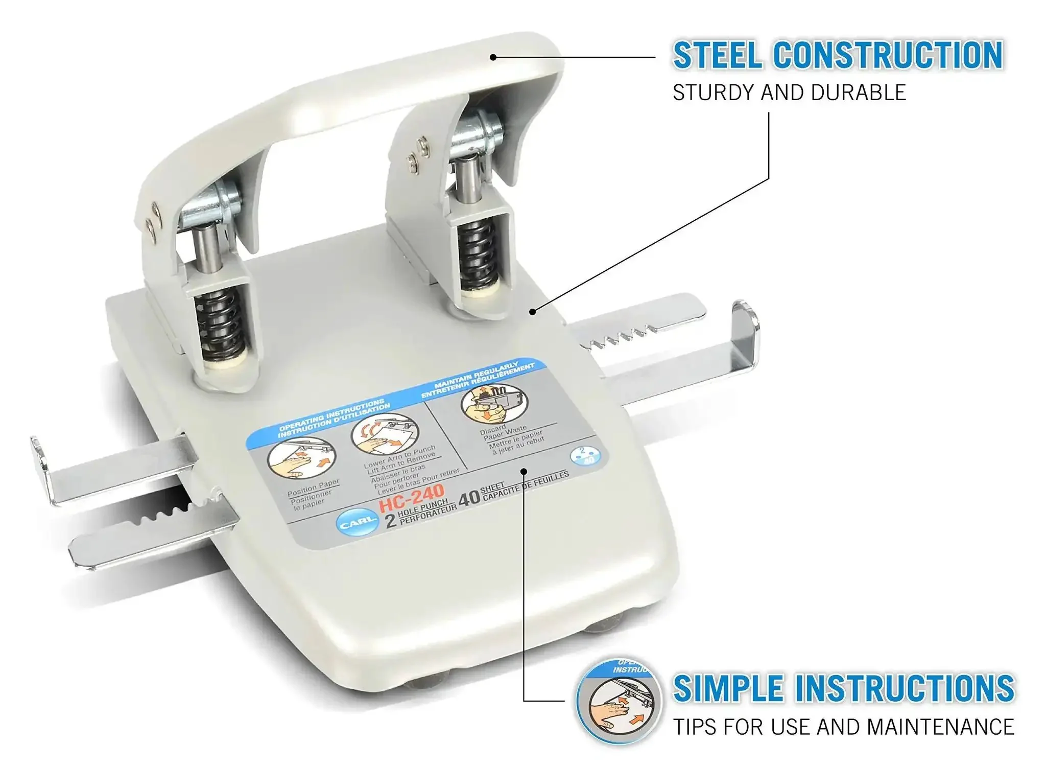 Heavy Duty Office Two Hole Paper Punch, 40 Sheet Capacity, One Quarter Inch Hole Punch, All Steel Hardened Punch Heads, Removable Tray, Dual Self Centering Guides, Silver Metallic, Office Workhorse - Image 5