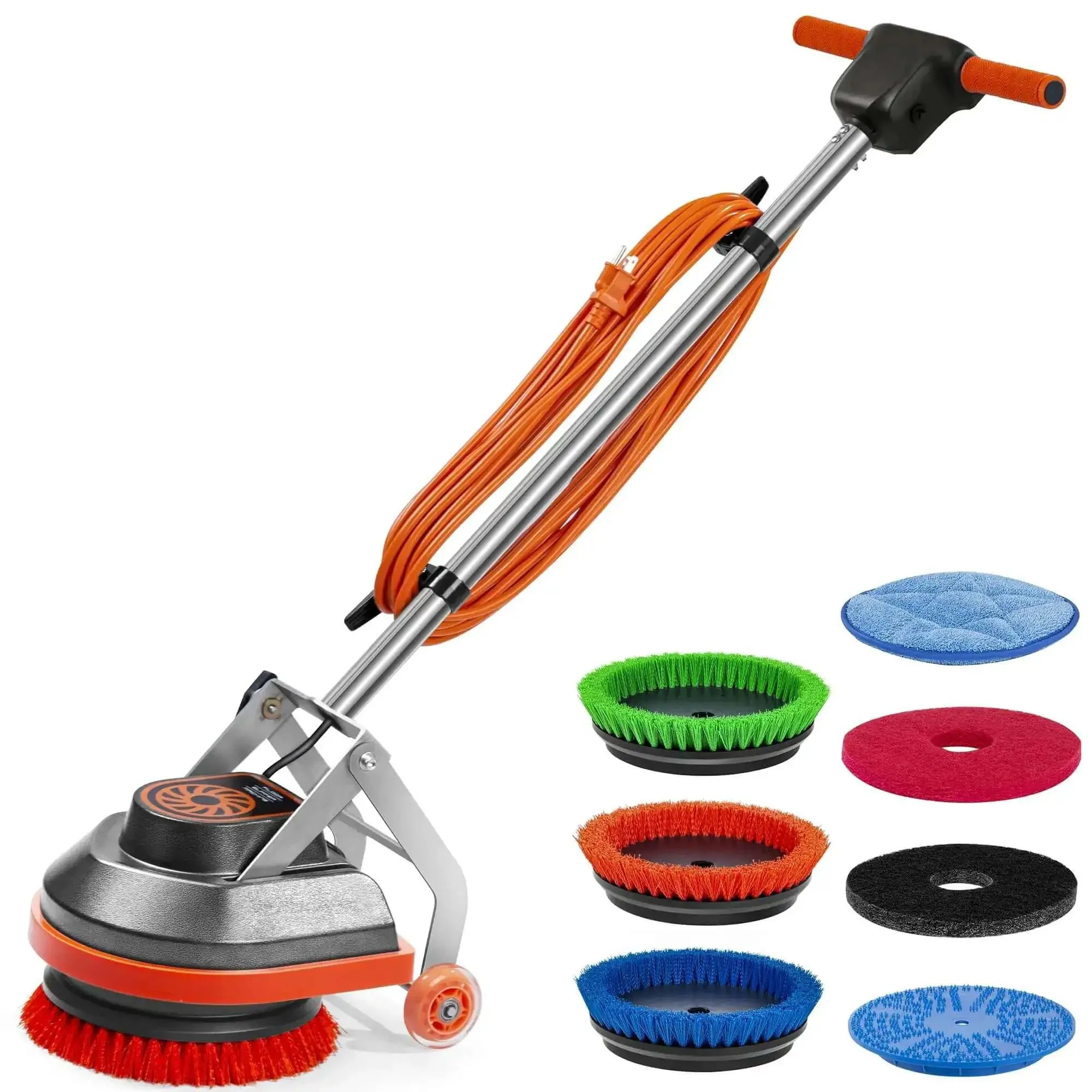 Heavy Duty Orbital Floor Scrubber And Buffer Kit With Commercial Grade Pads And Brushes For Deep Cleaning Tile Grout, Hardwood Floors, Vinyl, Concrete And Carpets Without Kneeling Or Getting On Hands
