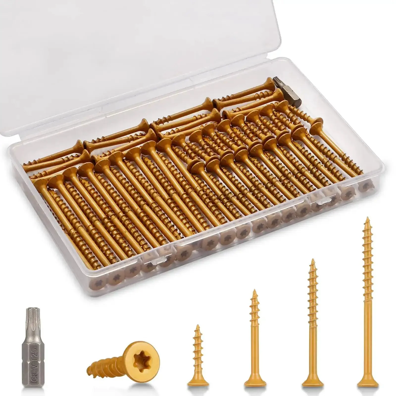 Heavy-Duty Outdoor Wood Deck Screw Kit With Bronze Epoxy Coated Rust Resistance, T25 Star Drive Bit Included, 110-Piece Assorted Set For Timber, Lumber, Landscaping And Exterior Projects No-Fuss Built To Last
