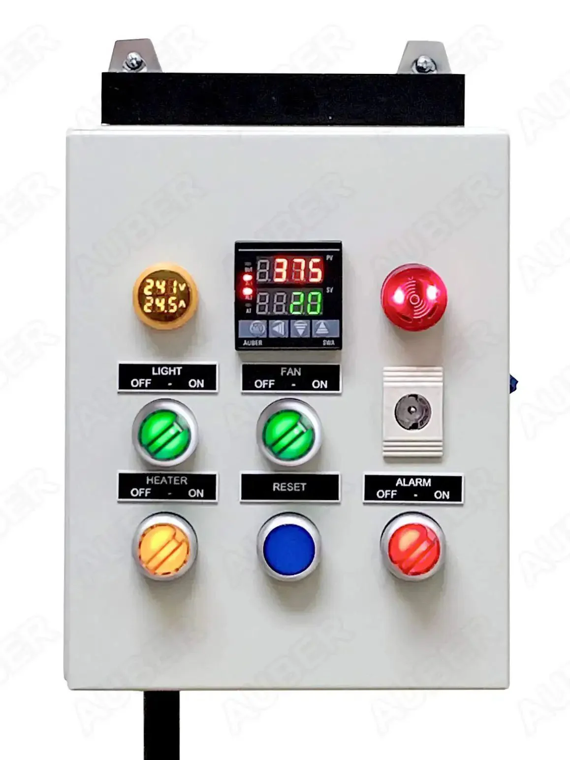 Heavy-Duty Powder Coating Oven Control Panel With Light And Fan Control 240V 30A 7200W Wall-Mount Enclosure Dual-Line PID Display With Built-In Timer 900F Temperature Probe Volt And Amp Meters Side-Mount Breaker