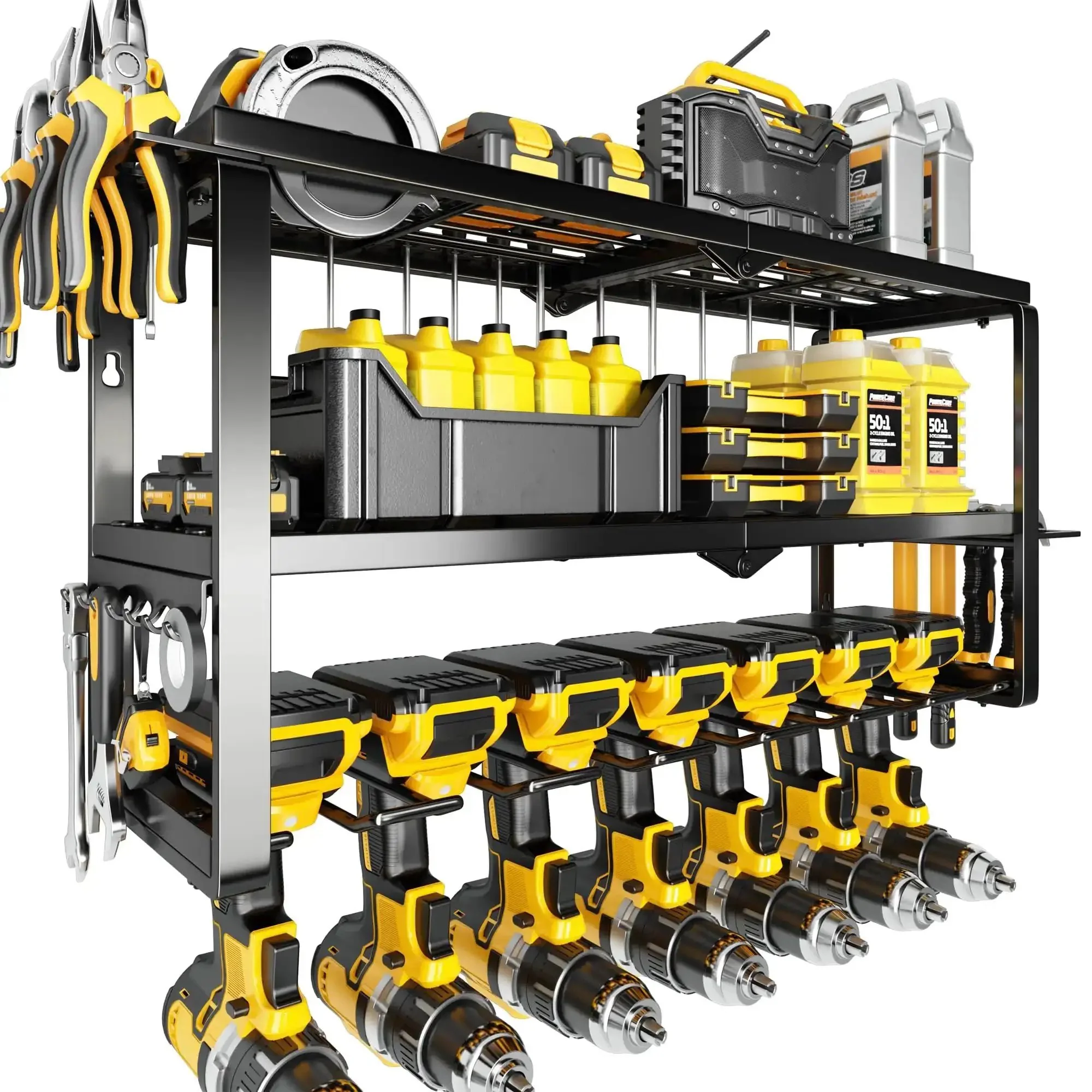 Heavy Duty Power Tool Organizer Wall Mount Rack With 300 LB Capacity, 3 Tier Garage Storage System, 7 Drill Holders For Tools, Quick 15 Minute Install, Built Like A Boss For Pro Garages And Workshops