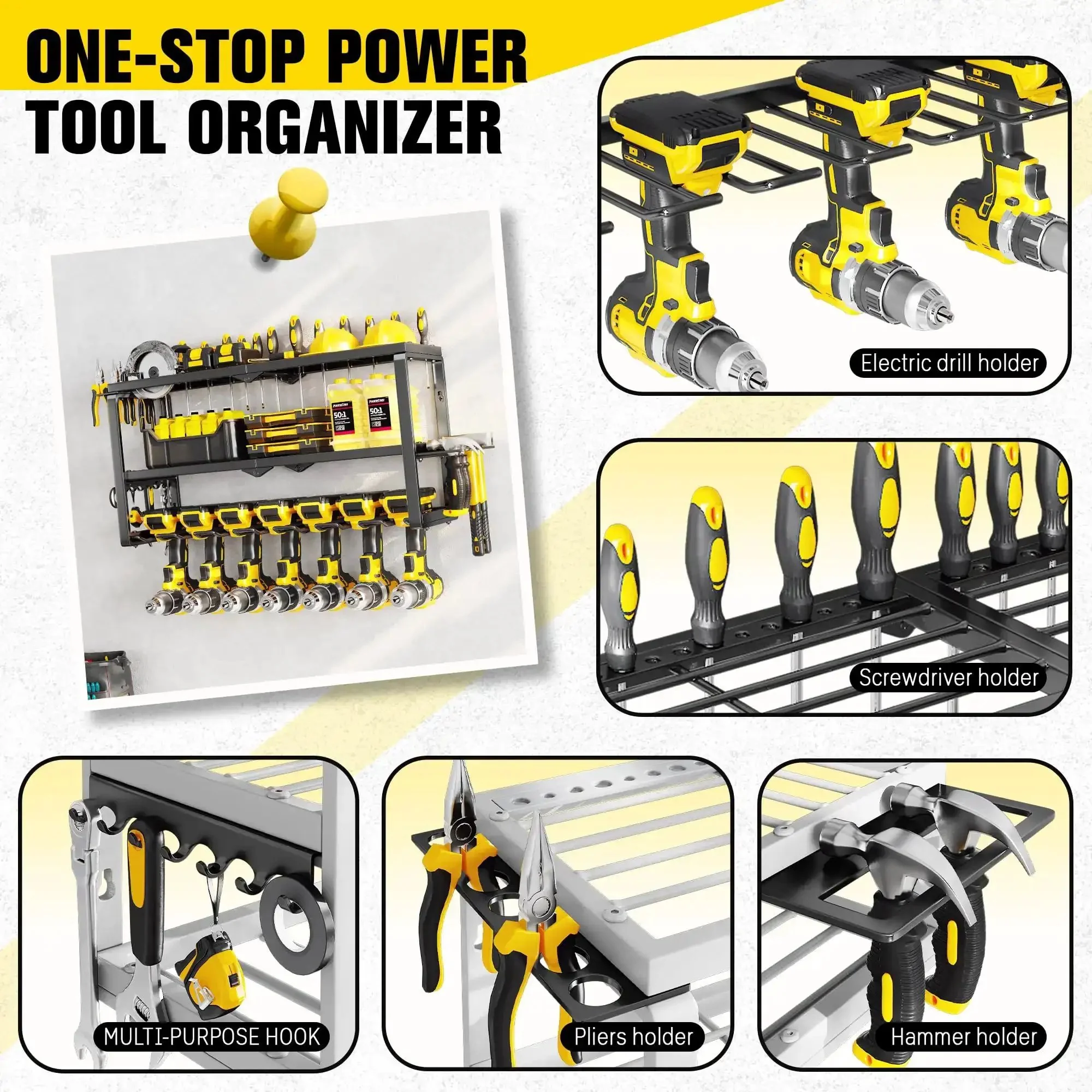 Heavy Duty Power Tool Organizer Wall Mount Rack With 300 LB Capacity, 3 Tier Garage Storage System, 7 Drill Holders For Tools, Quick 15 Minute Install, Built Like A Boss For Pro Garages And Workshops - Image 6
