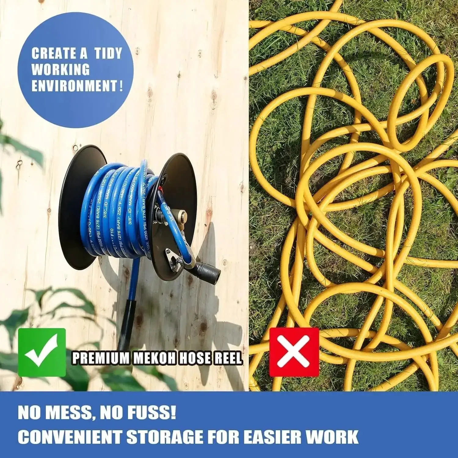 Heavy Duty Pressure Washer Hose Reel With 4000 PSI Rating, 50 Ft 3/8 Inch Or 65 Ft 1/4 Inch Hose, Hand Crank Metal Reel, M22-14 Fittings, Wall Trailer Or Van Mount, Manual Hose Reel For Water - Image 8