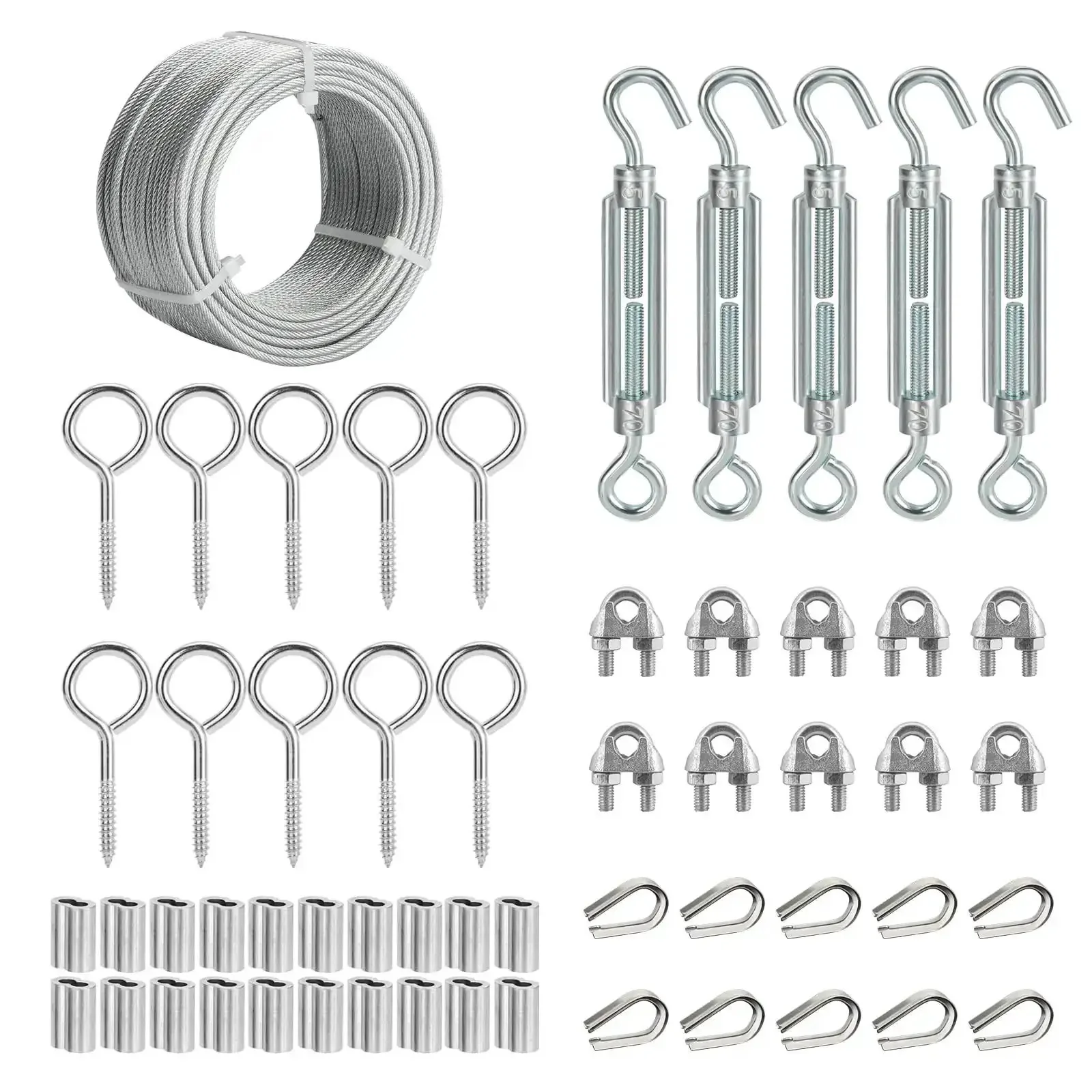 Heavy Duty Pro Grade DIY Friendly One Eighth Inch Wire Rope Kit, 100 Ft PVC Coated Galvanized Cable With Turnbuckles, Hooks, Clamps And Thimbles For Garden Plant Support, Clothesline, String Lights, Stairs Handrails And Ground Anchors