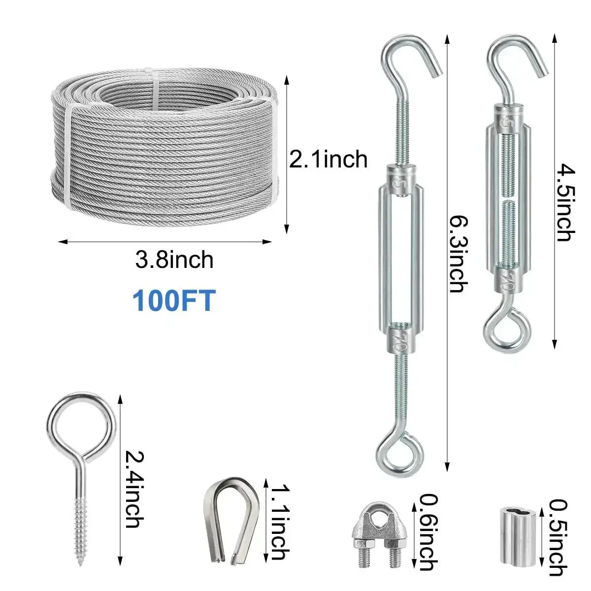 Heavy Duty Pro Grade DIY Friendly One Eighth Inch Wire Rope Kit, 100 Ft PVC Coated Galvanized Cable With Turnbuckles, Hooks, Clamps And Thimbles For Garden Plant Support, Clothesline, String Lights, Stairs Handrails And Ground Anchors - Image 5