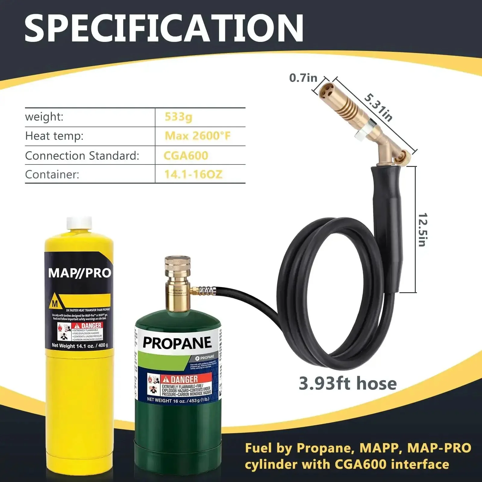 Heavy Duty Propane Torch Hose Kit 3.93 Ft With Adjustable Heat MAPP Torch Head 2600 Fahrenheit 25,000 BTU Per Hour Solder Copper Pipe And HVAC Professional Grade DIY Soldering Kit - Image 3