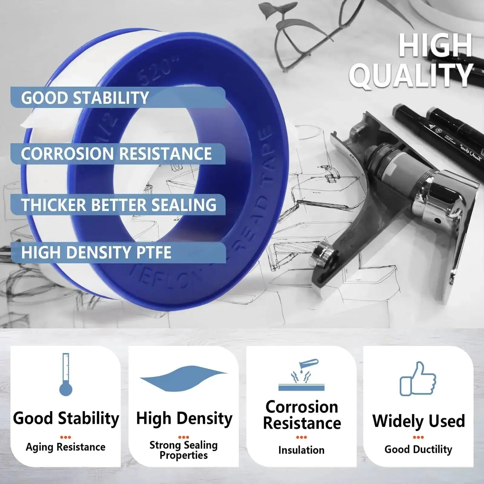 Heavy Duty PTFE Plumbers Tape For Sealing Threads On Water Pipes And Shower Heads One Roll Thick High Density 1/2 Inch Wide By 520 Inches Long Premium Thread Sealant To Prevent Leaks And Improve Plumbing Performance - Image 6