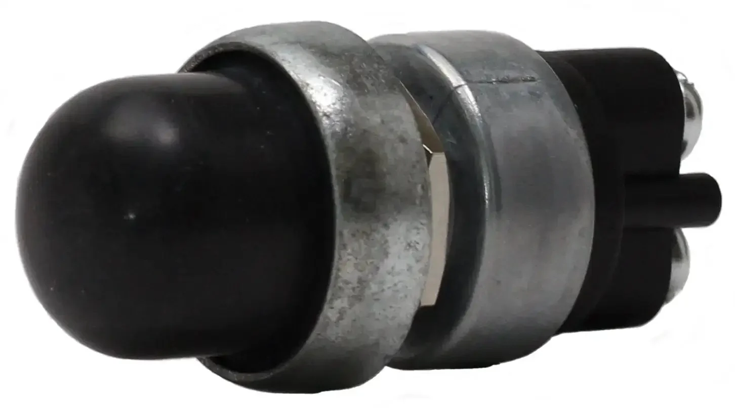 Heavy Duty Push Button Start Switch With Neoprene Cap Momentary Action 60 Amps At 12 Volts Five Eighths Inch Mount Hole Flush Terminal Screws Weatherproof Panel Mount For Dirt And Moisture Protection Fits Panels Up To Three Eighths Inch Thick