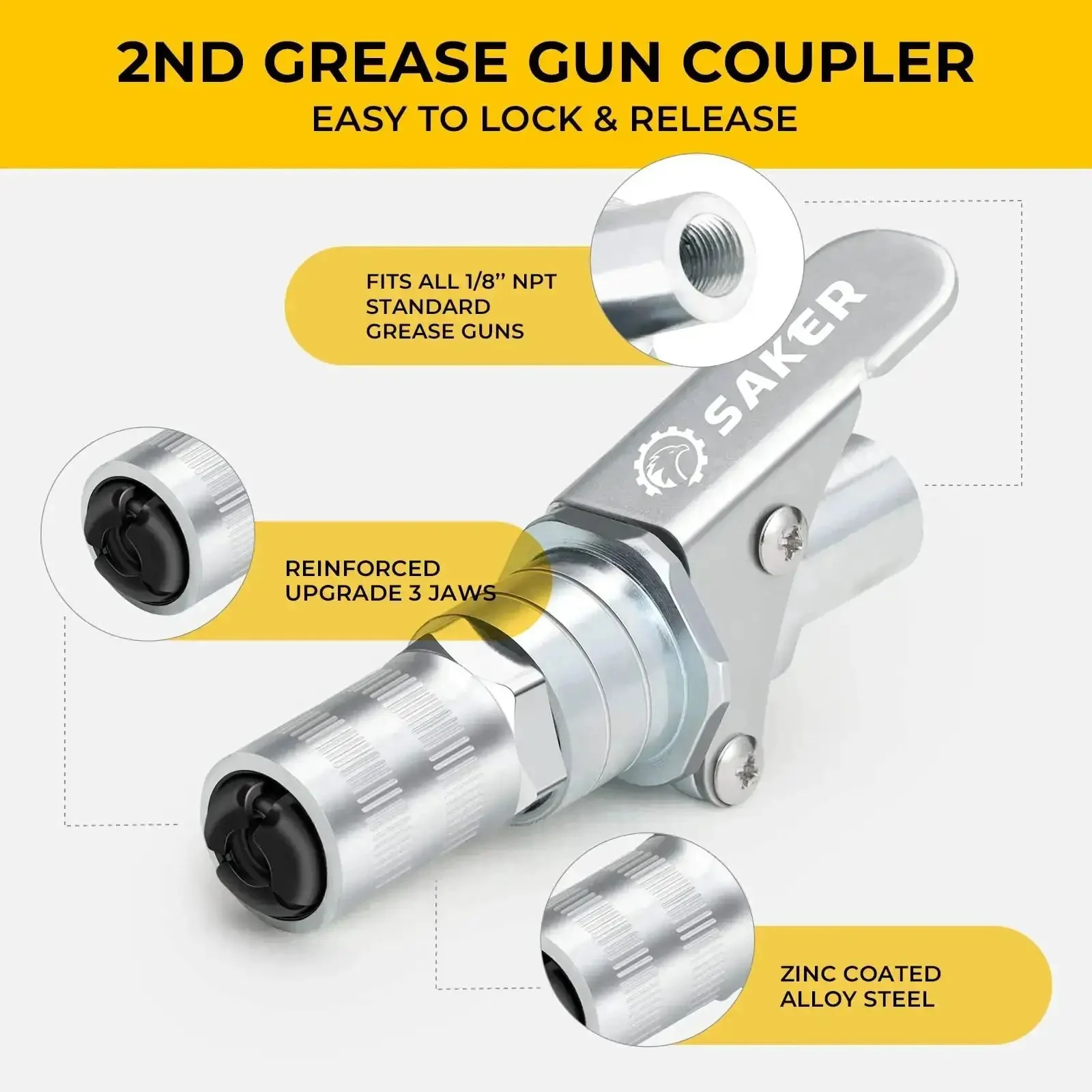 Heavy Duty Quick Release Grease Gun Coupler Set Upgraded To 14000 PSI, Locking Jaw, Leak Proof, Fits All Grease Guns With One Eighth NPT Fittings, 2 Pack, Tough As Nails Seals, Built For Tough Jobs And High Pressure - Image 3