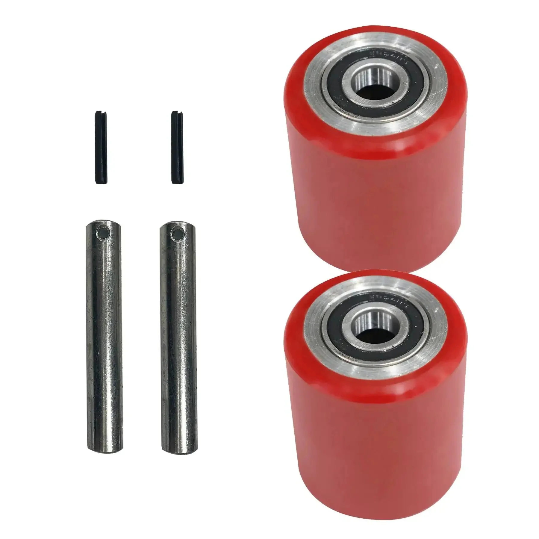 Heavy Duty Red Polyurethane Pallet Jack Wheel Set, 3 Inch Wheel Diameter With 3.7 Inch Hub, 95A Durometer, Sealed Bearings 0.78 Inch ID, 1.85 Inch OD, A Pair For Pallet Trucks And Dollies
