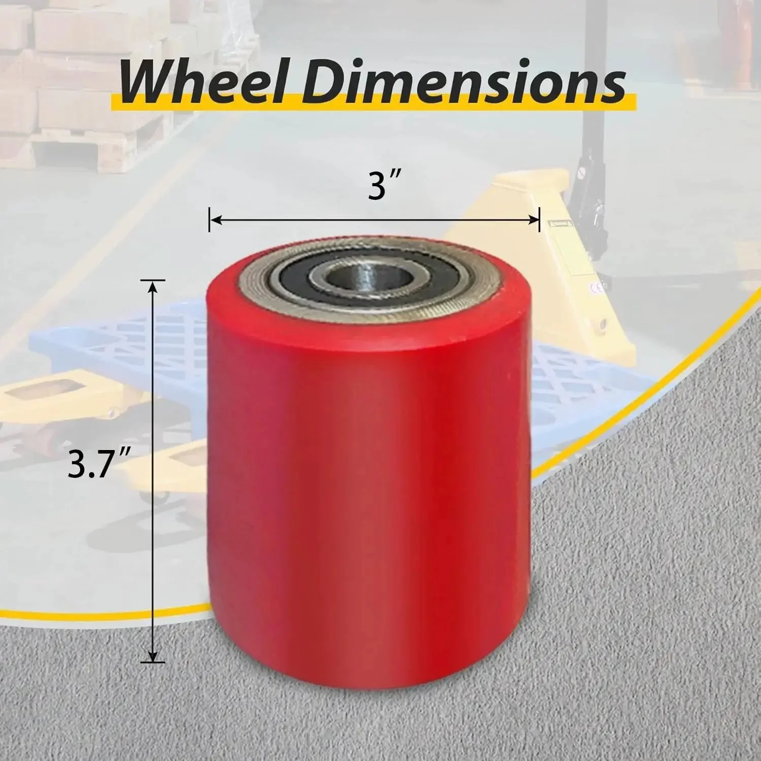 Heavy Duty Red Polyurethane Pallet Jack Wheel Set, 3 Inch Wheel Diameter With 3.7 Inch Hub, 95A Durometer, Sealed Bearings 0.78 Inch ID, 1.85 Inch OD, A Pair For Pallet Trucks And Dollies - Image 4