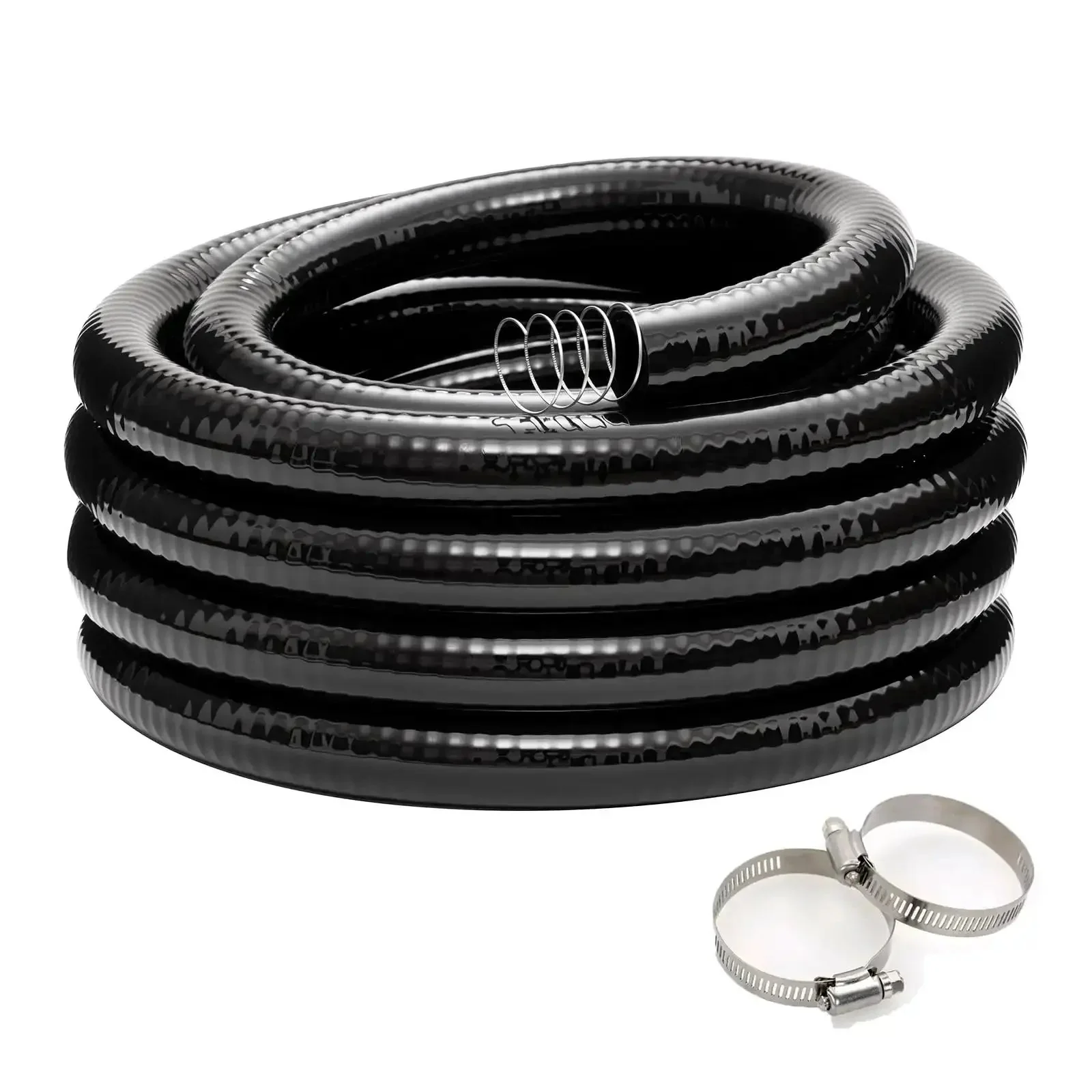 Heavy Duty Reinforced Steel Wire Water Hose 1-1/4 Inch By 10 Foot Black Flexible Vinyl Tubing For Pool Suction And Drain No Kinking Or Collapsing With 2 Clamps