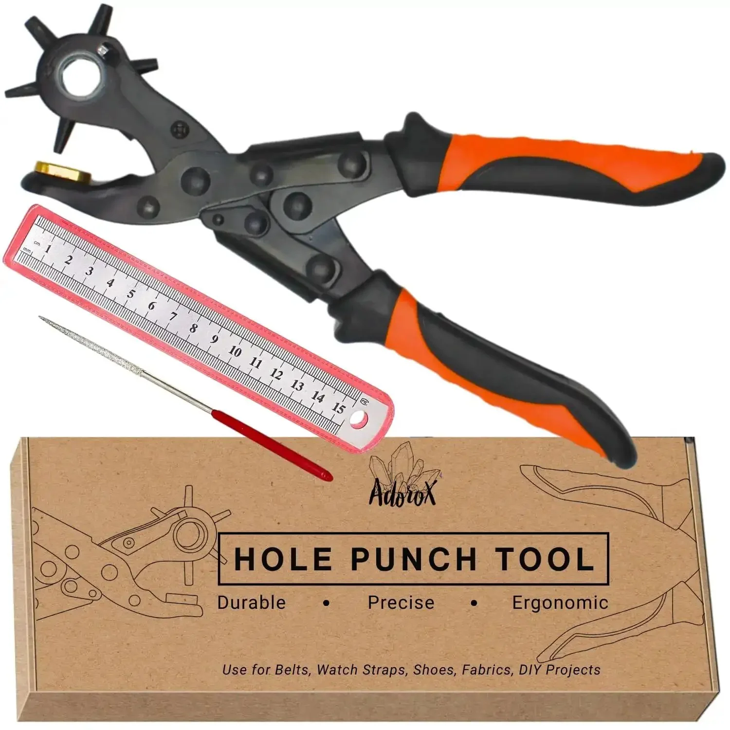 Heavy Duty Revolving Hole Punch Kit With Six Size Heads Steel Ruler And File For Belts Watch Straps Saddles Shoes And DIY Crafts Built Tough For Precise Holes And Everyday Leather Craft