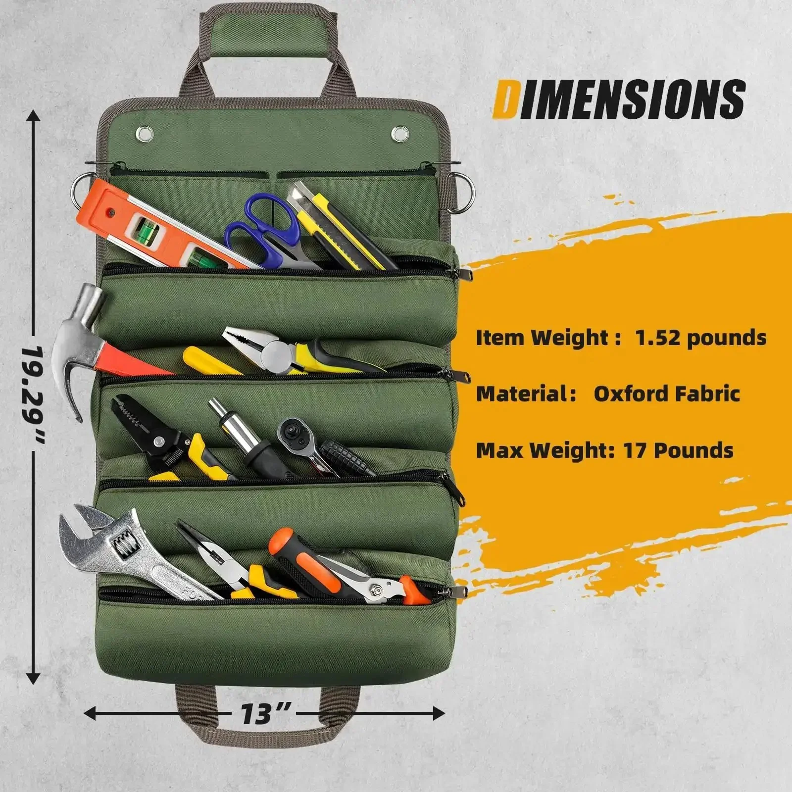 Heavy Duty Roll Up Tool Bag Portable Soft Tool Storage Foldable Organizer With Small Pockets Water Resistant PVC Coated Oxford For Mechanics Dads Home Garage Green - Image 5
