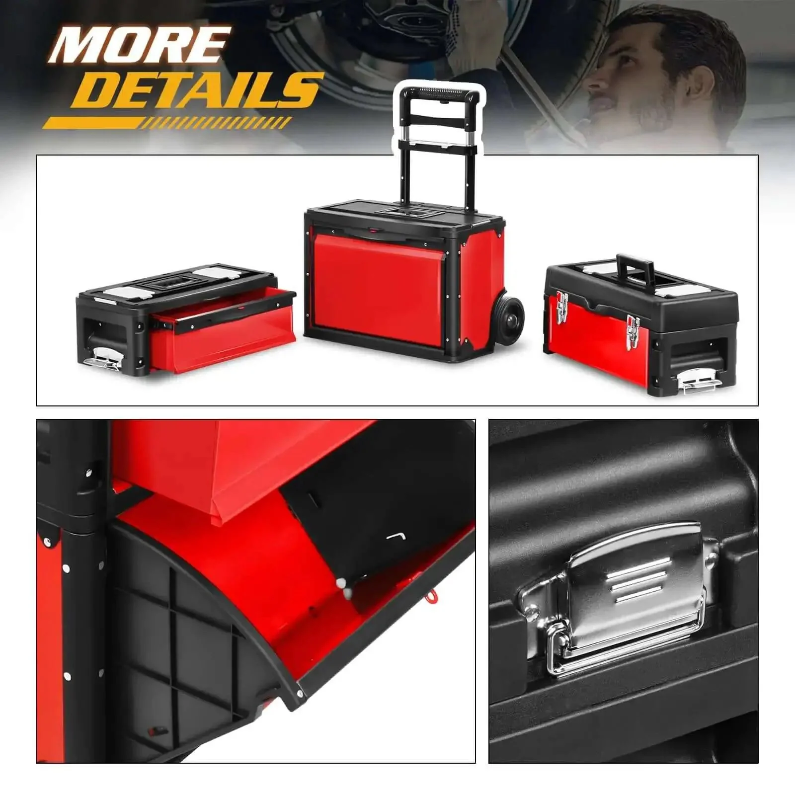 Heavy Duty Rolling Tool Chest With Three Tier Stackable Design On Wheels For Tools And Small Parts, Modular Drawer System And Mobile Garage Organizer, Durable Steel Box For Shop Or Garage, Black Red Finish - Image 2