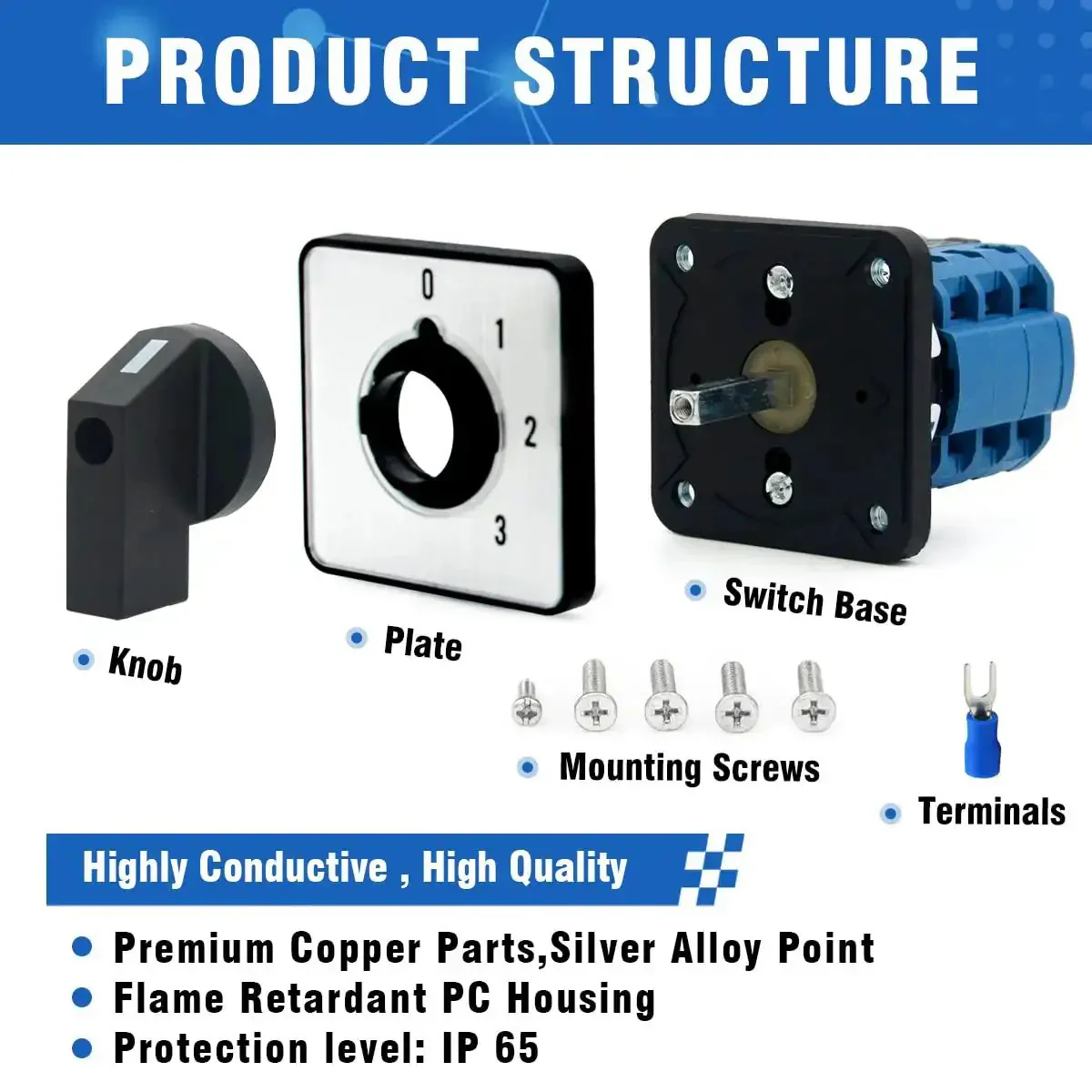 Heavy-Duty Rotary Changeover Switch 20A 660V Four Position Three Phase With 12 Terminals 3 Way 2NO 2NC Universal Selector Switch 20 0 3.3 Latching Action Flame Retardant PC Housing - Image 4