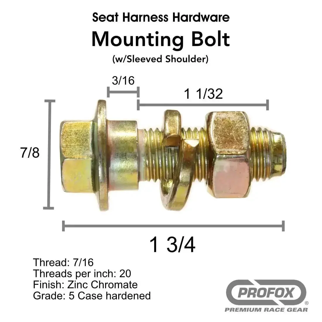 Heavy Duty Seat Belt Harness Mounting Bolt Set With Sleeved Shoulder For Lap And Shoulder Belts Includes Bolt Nut And Lock Washer Case Hardened Zinc Chromate Finish 7/16 x 20 Thread - Image 2