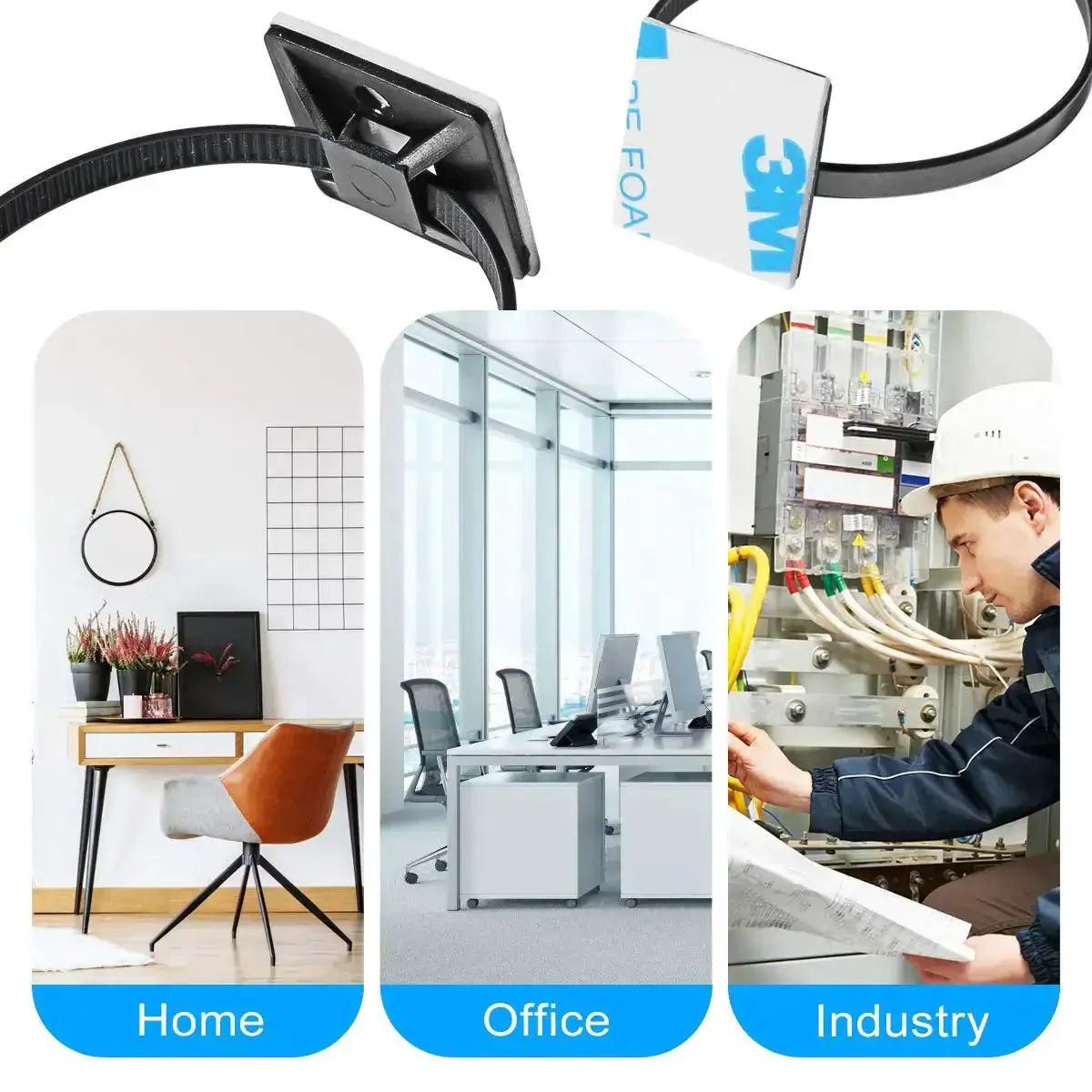 Heavy Duty Self Adhesive Zip Tie Mounts Kit Includes Eight Inch Zip Ties And Screws UV Protected Outdoor Sticky Wire Fasteners Cable Clips Anchors And Organizer Squares For Keeping Wires Tidy On Walls Desks And Furniture - Image 3
