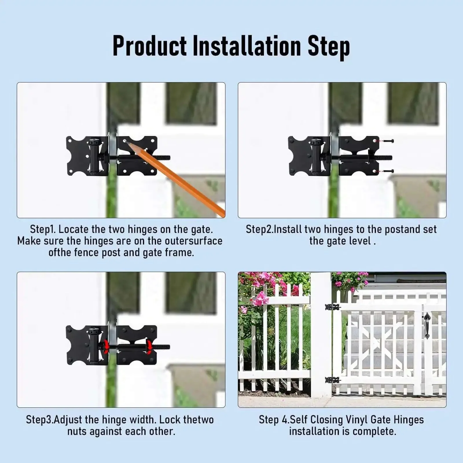 Heavy Duty Self Closing Gate Hinges For Vinyl And Wood Fences, 90 Degree Adjustable With Swing Tool, Black Iron Powder Coat, 2 Pack Includes Screws And Adjustment Tool, Fits Gates Up To 100 Inches Wide And 100 Pounds - Image 6
