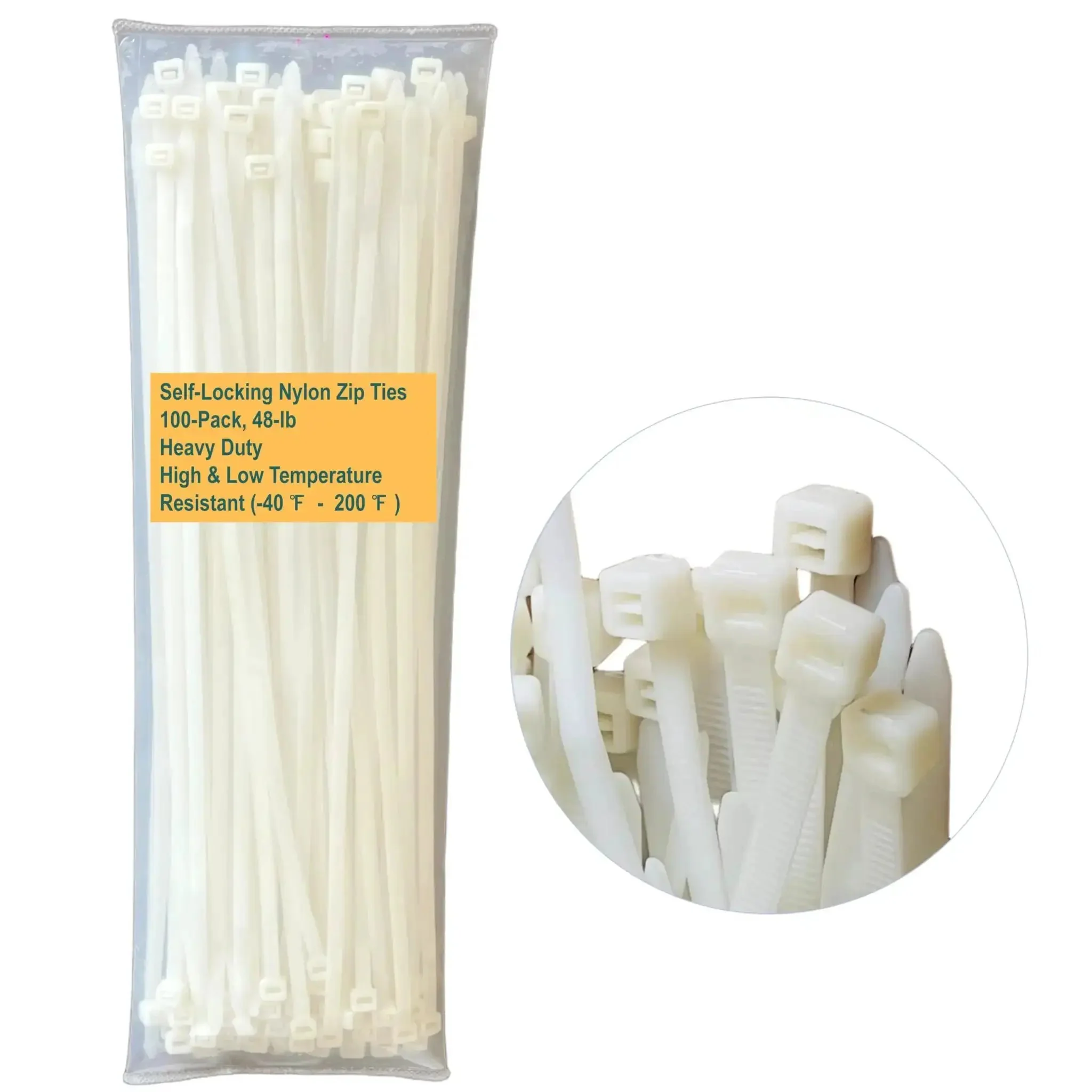 Heavy Duty Self Locking Nylon Zip Ties 100 Pack Ten Point Two Four Inch Length 48 Pound Tensile Strength Extreme Temperature Range Minus Forty To Two Hundred Fahrenheit UV And Weather Resistant Indoor Outdoor Cable Ties For Fence And Wire Ducts