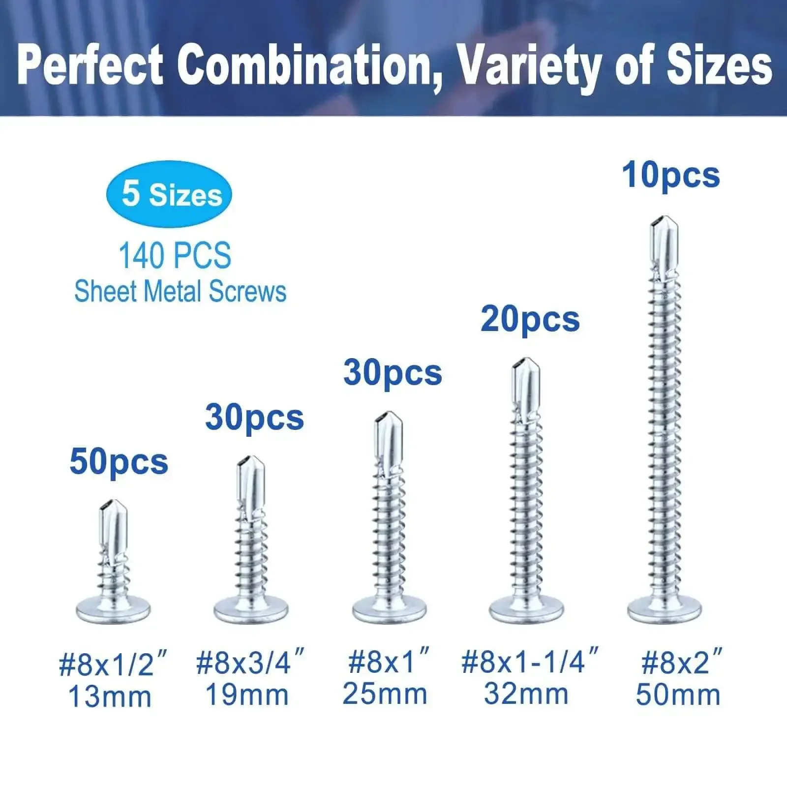 Heavy Duty Self Tapping Screws For Metal And Sheet Metal Assortment Kit With Modified Truss Head Zinc Plated Steel Five Size Set Half Inch Three Quarters Inch One And A Quarter Inch One Inch And Two Inches - Image 7