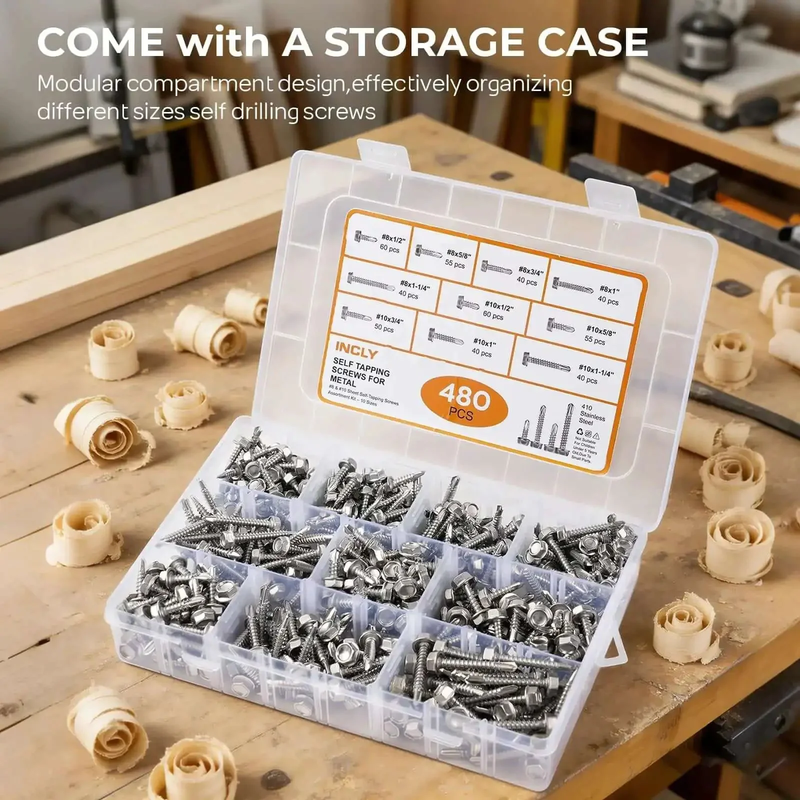 Heavy Duty Self Tapping Screws For Metal In 410 Stainless Steel Self Drilling Hex Head Sheet Metal Screws Assortment Kit With Size 8 And Size 10 Lengths From Half Inch To One And A Quarter Inch 480 Pieces - Image 2