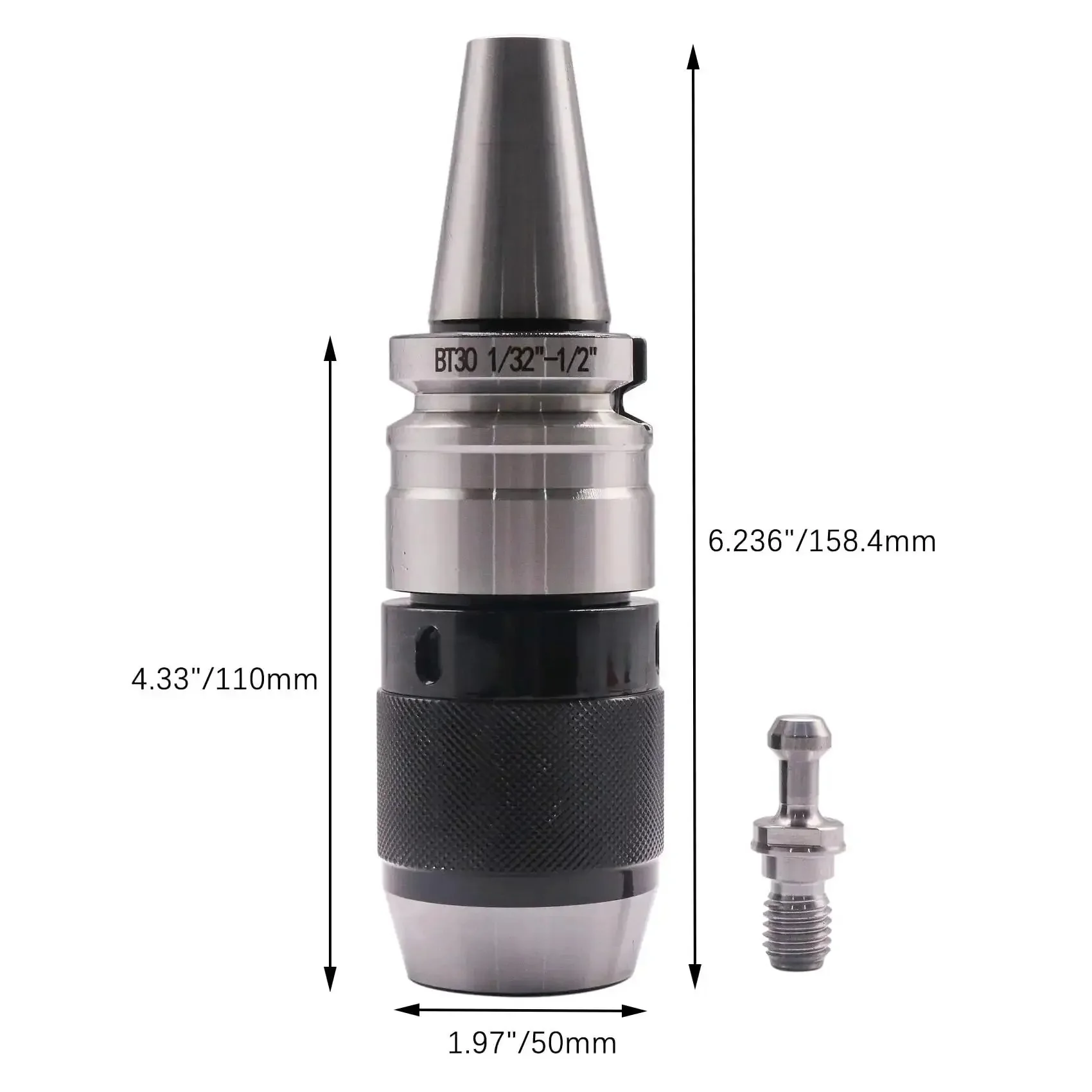 Heavy Duty Self Tightening Keyless Drill Chuck Holder For One Thirty Second To One Half Inch Range With BT30 Integral Shank Includes Spanner Wrench APU13 And BT30 Pull Stud Integrated Design For Quick Change Tooling On CNC Milling Lathe - Image 5