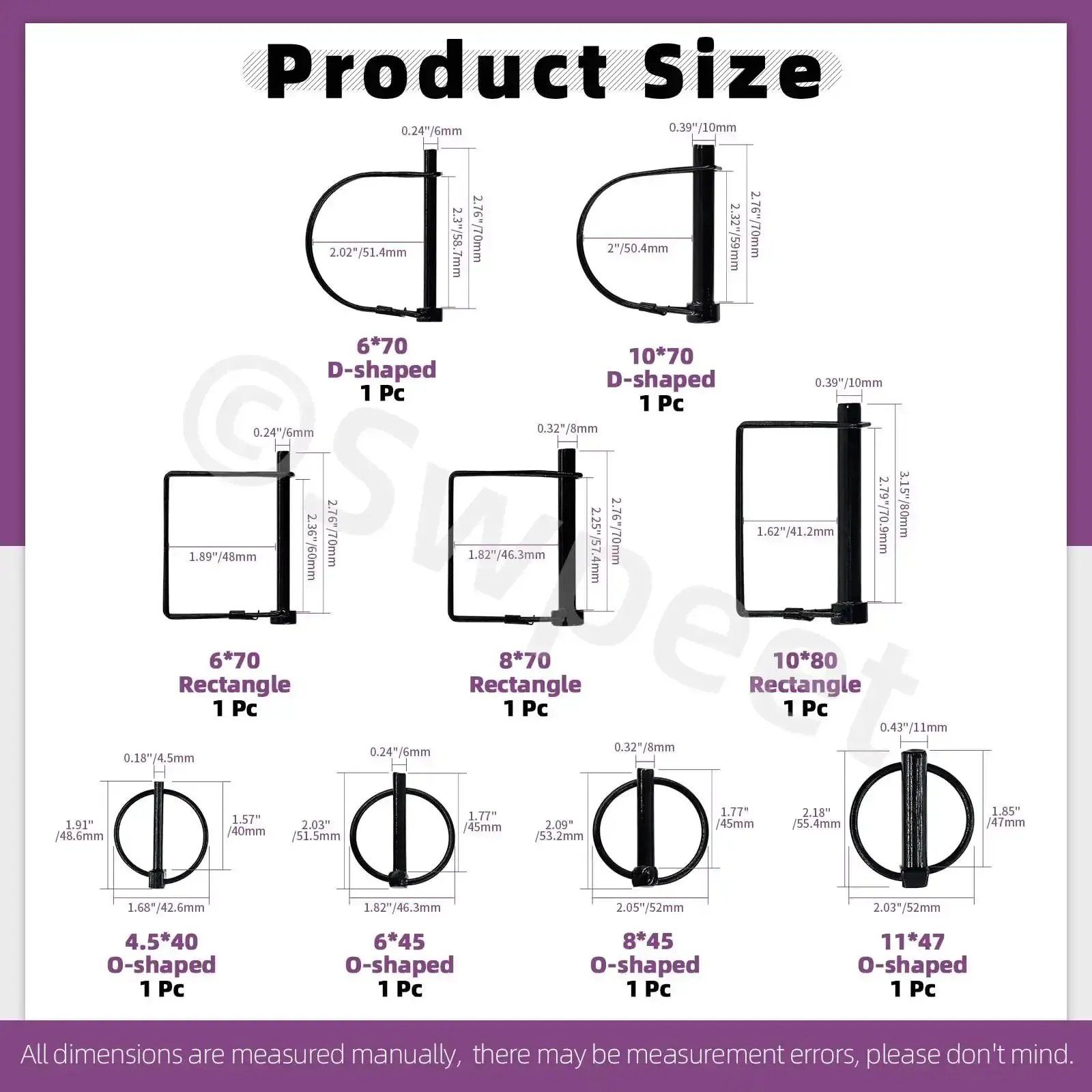Heavy Duty Shaft Locking Pin Kit With 9 Pieces In 9 Sizes 3/16 In To 3/8 In Black Zinc Plated Round Square Arch Pins, Wire Lock Pins, And Hitch PTO Pin For Trailers, Towing, Lawn Care - Image 7