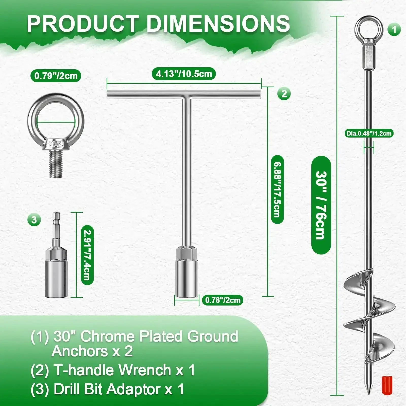 Heavy Duty Shed Anchor Kit 30 Inch Ground Anchors Screw In 2 Pack With T Handle And Drill Bit Adapter Chrome Plated Solid Steel Tie Down Earth Anchors For Greenhouse Gazebo Carport Shelter - Image 4